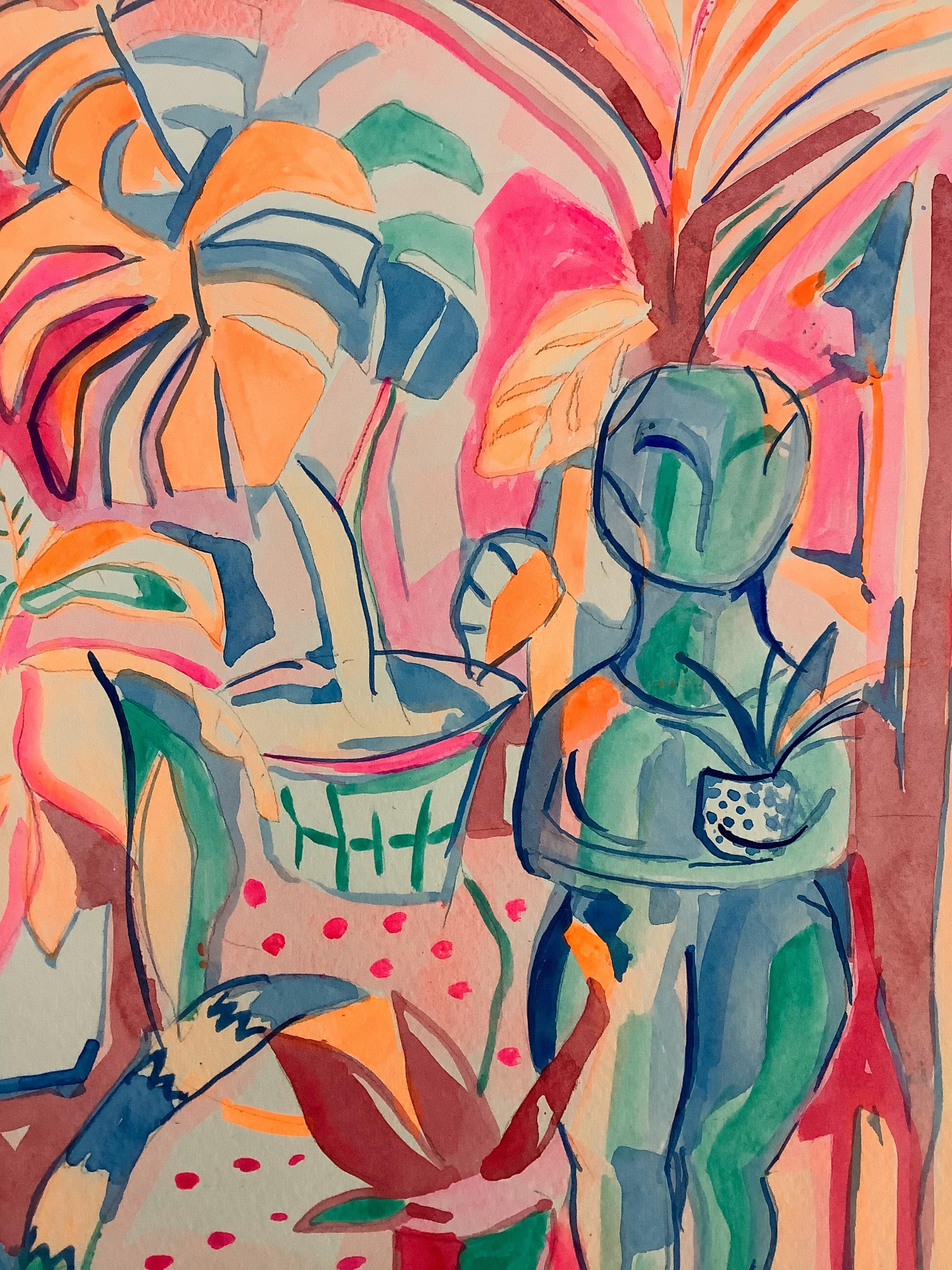 Goddess with plants, Acrylic on watercolour paper, 42x29cm, 2021 - Painting by Emi Avora