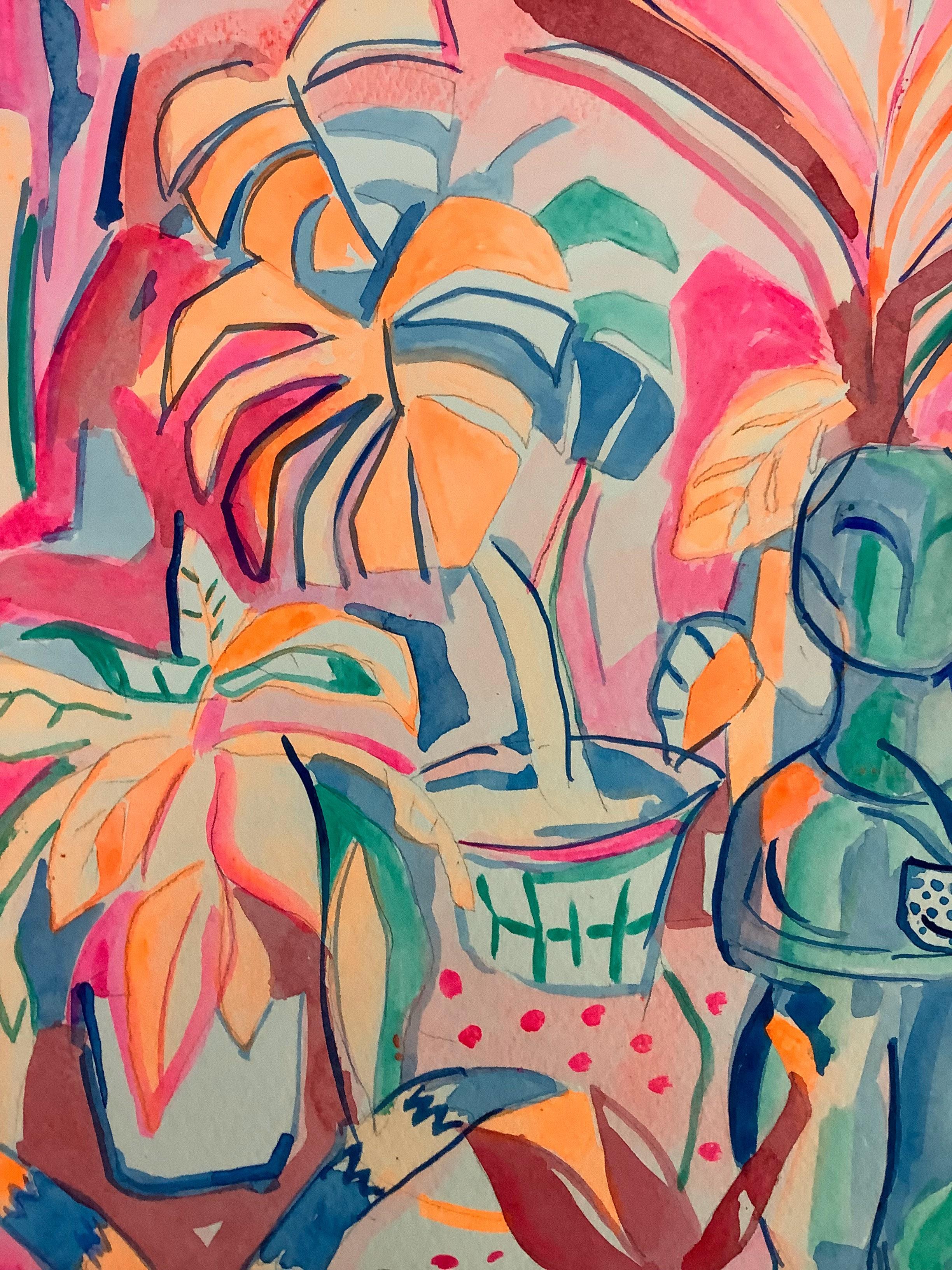 Goddess with plants, Acrylic on watercolour paper, 42x29cm, 2021 - Contemporary Painting by Emi Avora