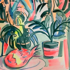 Monsteras and Dragon Fruit, Acrylic on paper, 42x29cm, 2022