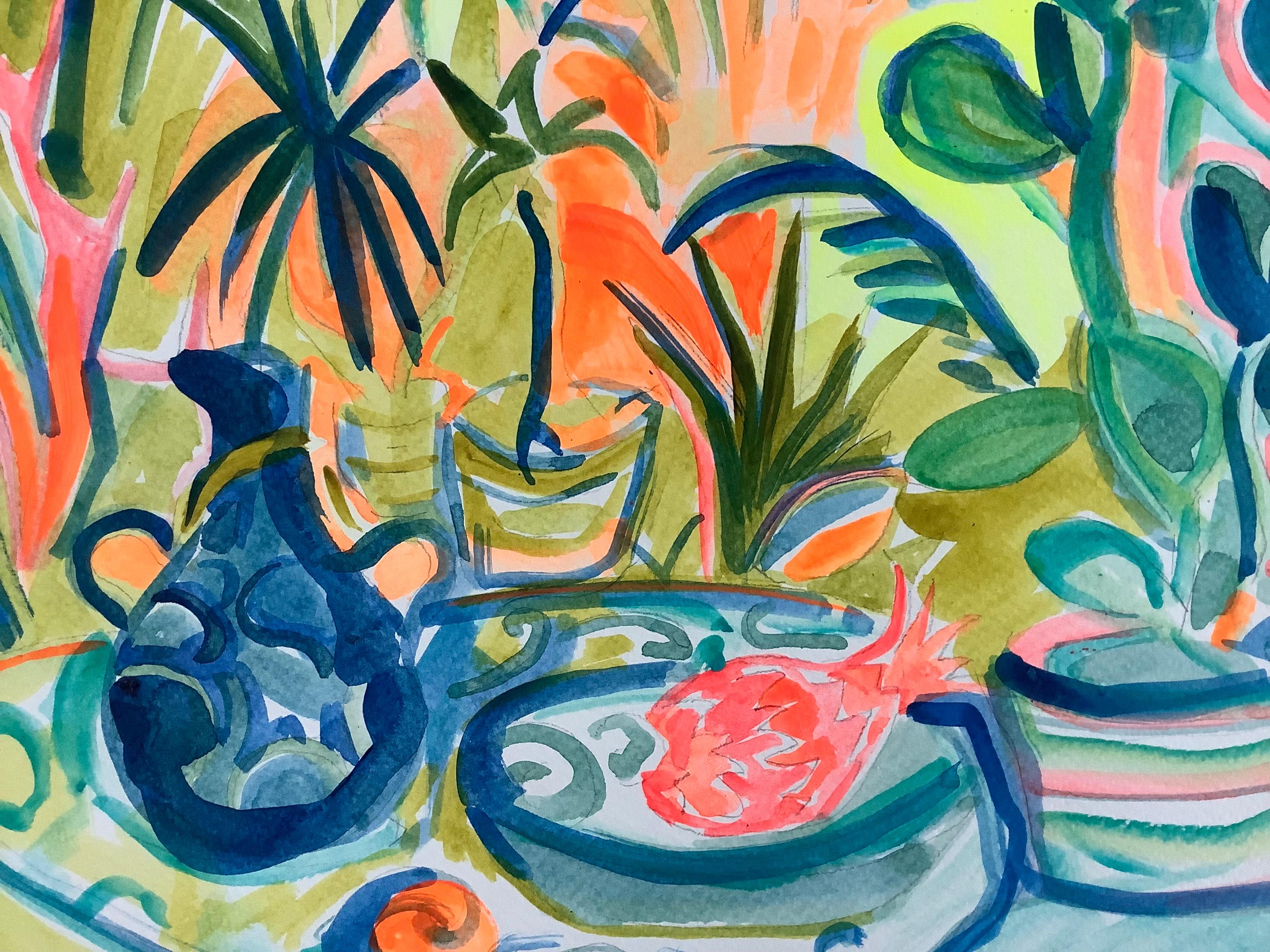 Pots in the Jungle, Acrylic on watercolour paper, 29x42cm, 2021 - Painting by Emi Avora