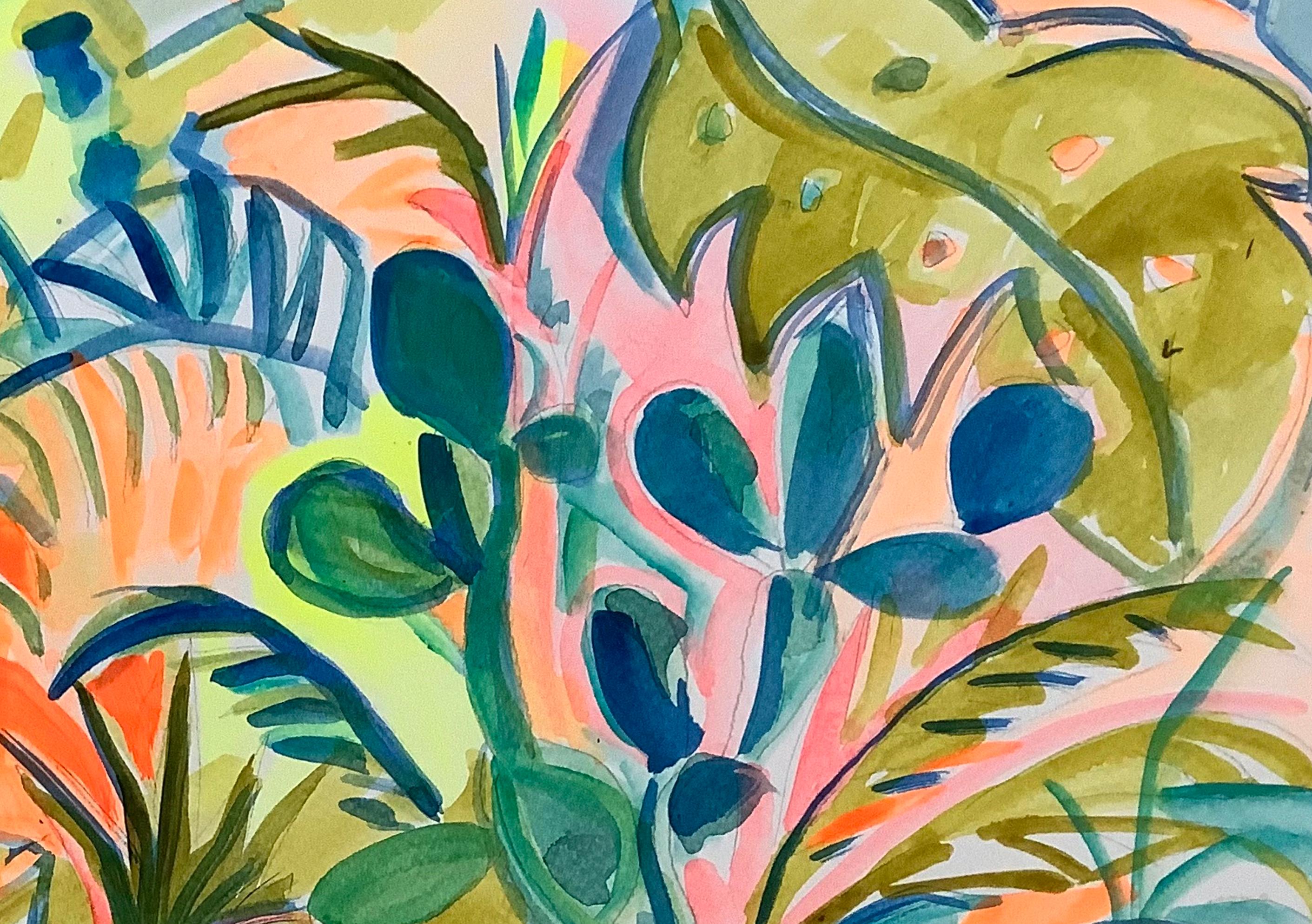 Pots in the Jungle, Acrylic on watercolour paper, 29x42cm, 2021 - Contemporary Painting by Emi Avora
