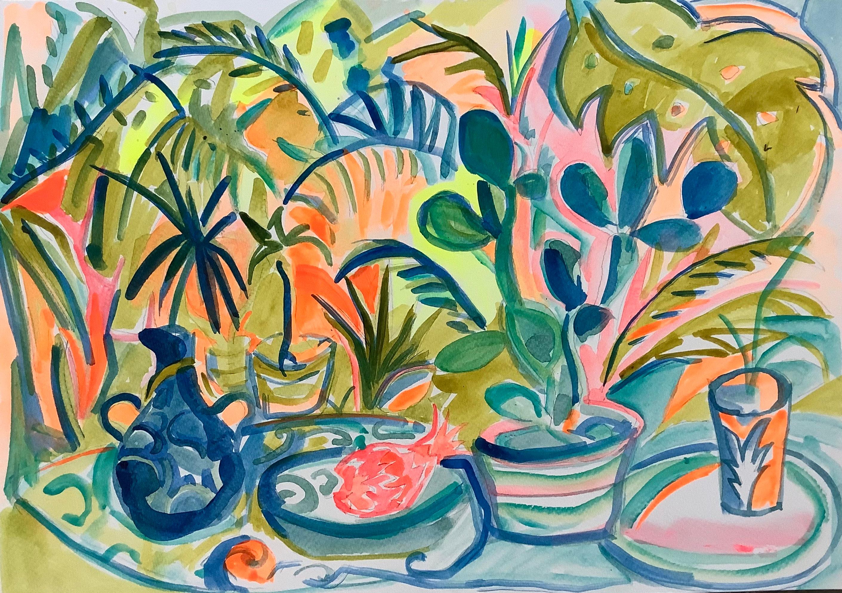 Emi Avora Figurative Painting - Pots in the Jungle, Acrylic on watercolour paper, 29x42cm, 2021