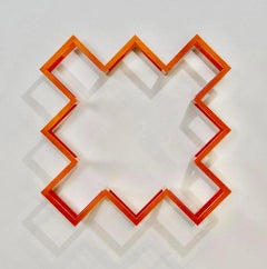 Geometrisches Wandrelief „Orange Garden“ aus lackiertem Holz in Hell Orange, minimalistisch und Op