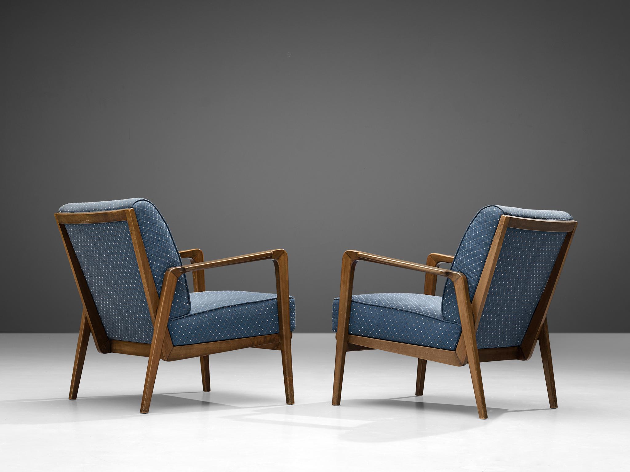 Belgian Emiel Veranneman Pair of Rare Lounge Chairs in Cherry and Blue Upholstery  For Sale