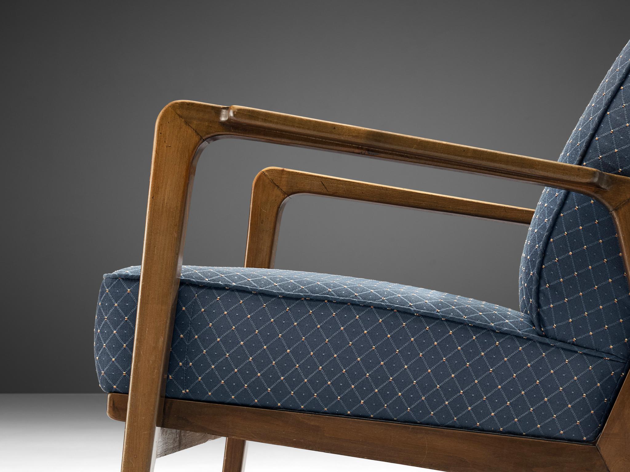 Mid-20th Century Emiel Veranneman Pair of Rare Lounge Chairs in Cherry and Blue Upholstery  For Sale