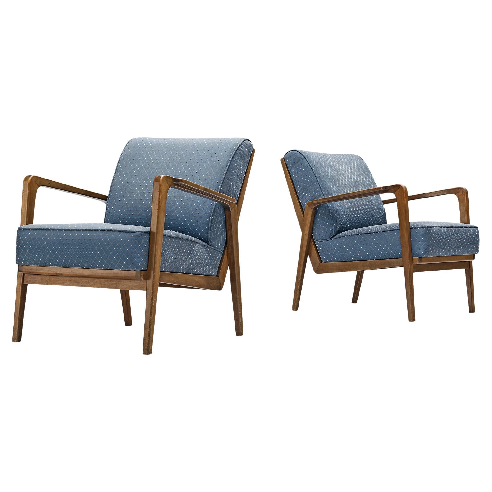 Emiel Veranneman Pair of Rare Lounge Chairs in Cherry and Blue Upholstery  For Sale