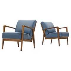 Emiel Veranneman Pair of Rare Lounge Chairs in Cherry and Blue Upholstery 