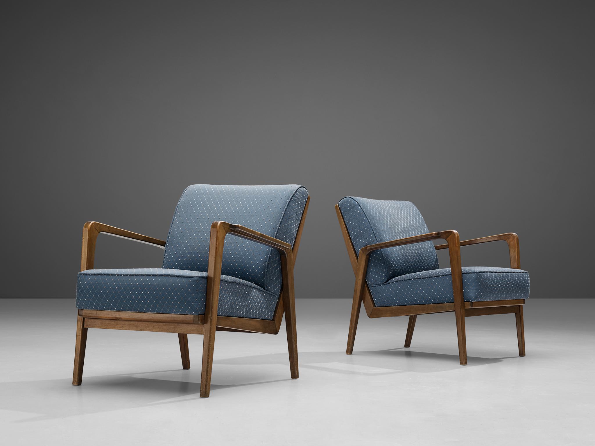 Belgian Emiel Veranneman Pair of Rare Lounge Chairs in Cherry and Blue Upholstery