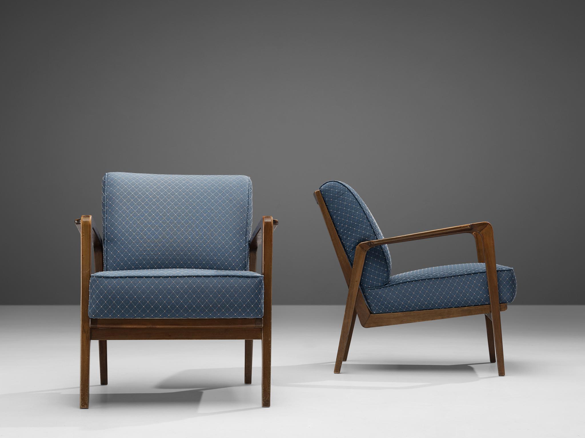 Mid-20th Century Emiel Veranneman Pair of Rare Lounge Chairs in Cherry and Blue Upholstery