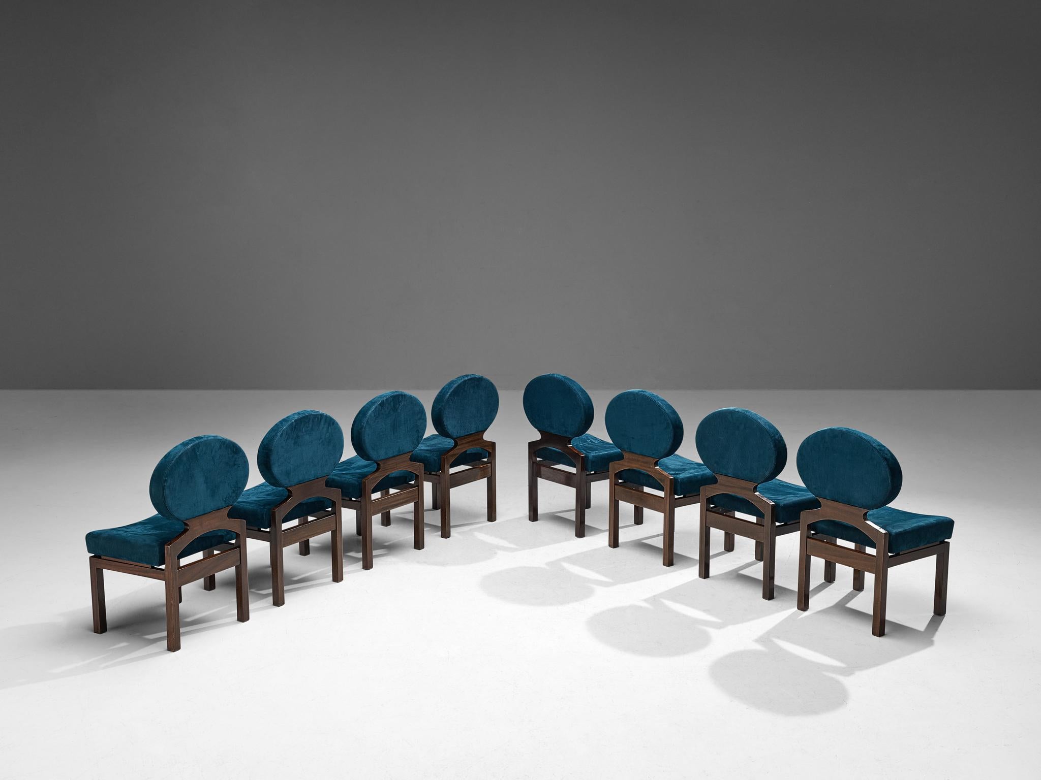 Emiel Veranneman Achter-Set 'Osaka' Esszimmerstühle aus blauem Nubukleder (Ende des 20. Jahrhunderts) im Angebot