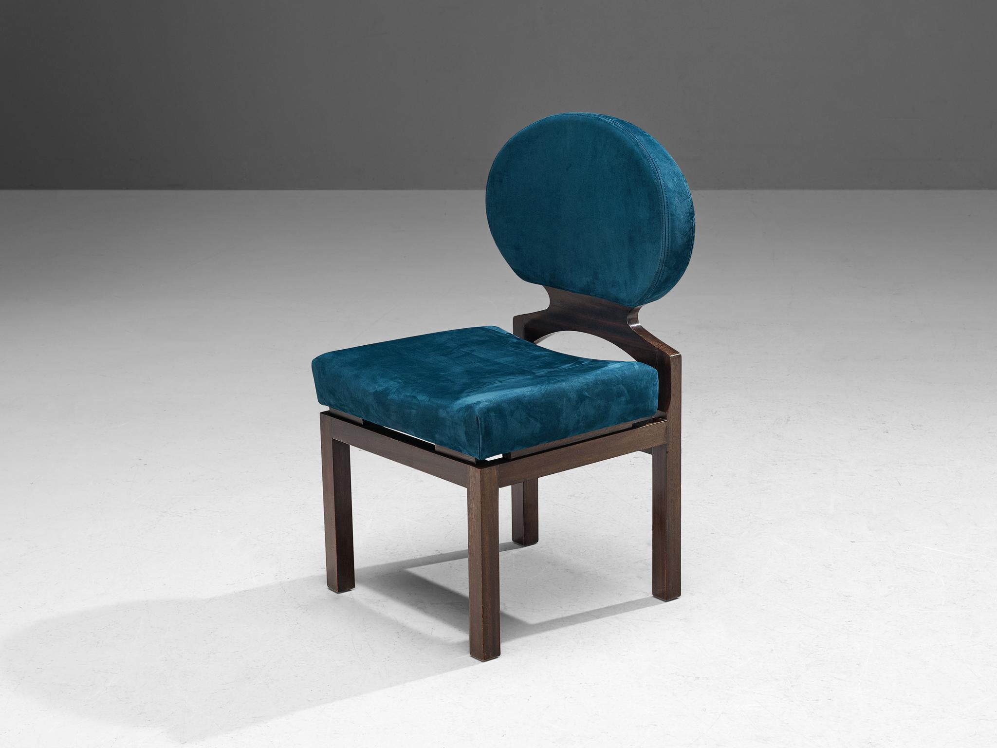 Mahogany Emiel Veranneman Set of Eight 'Osaka' Dining Chairs in Blue Nubuck Leather For Sale