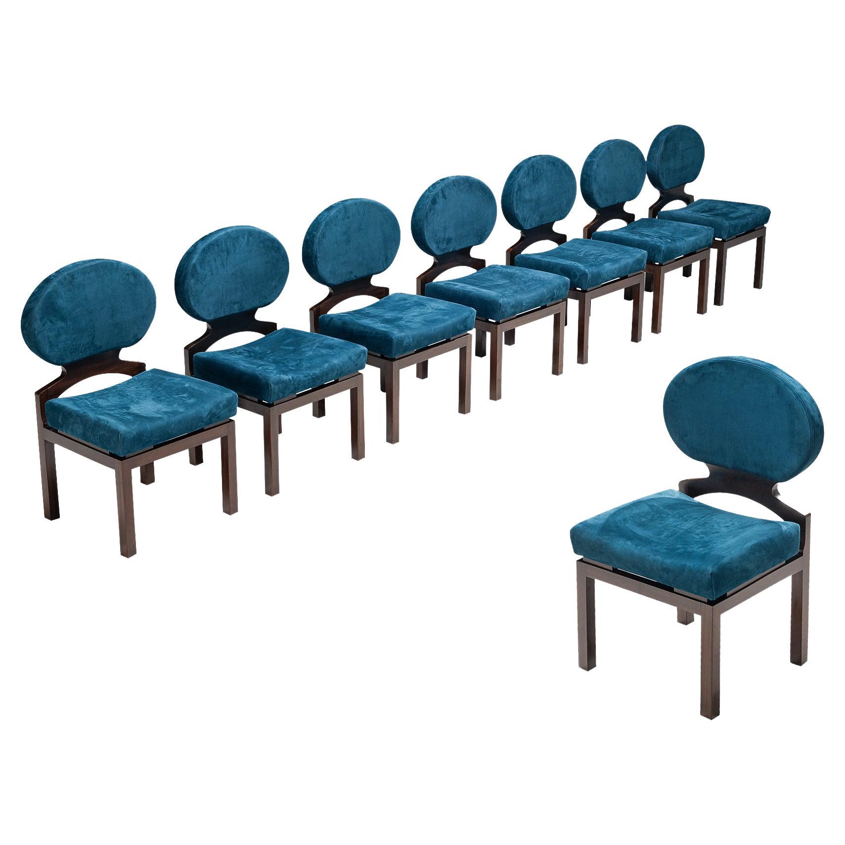Emiel Veranneman Achter-Set 'Osaka' Esszimmerstühle aus blauem Nubukleder im Angebot