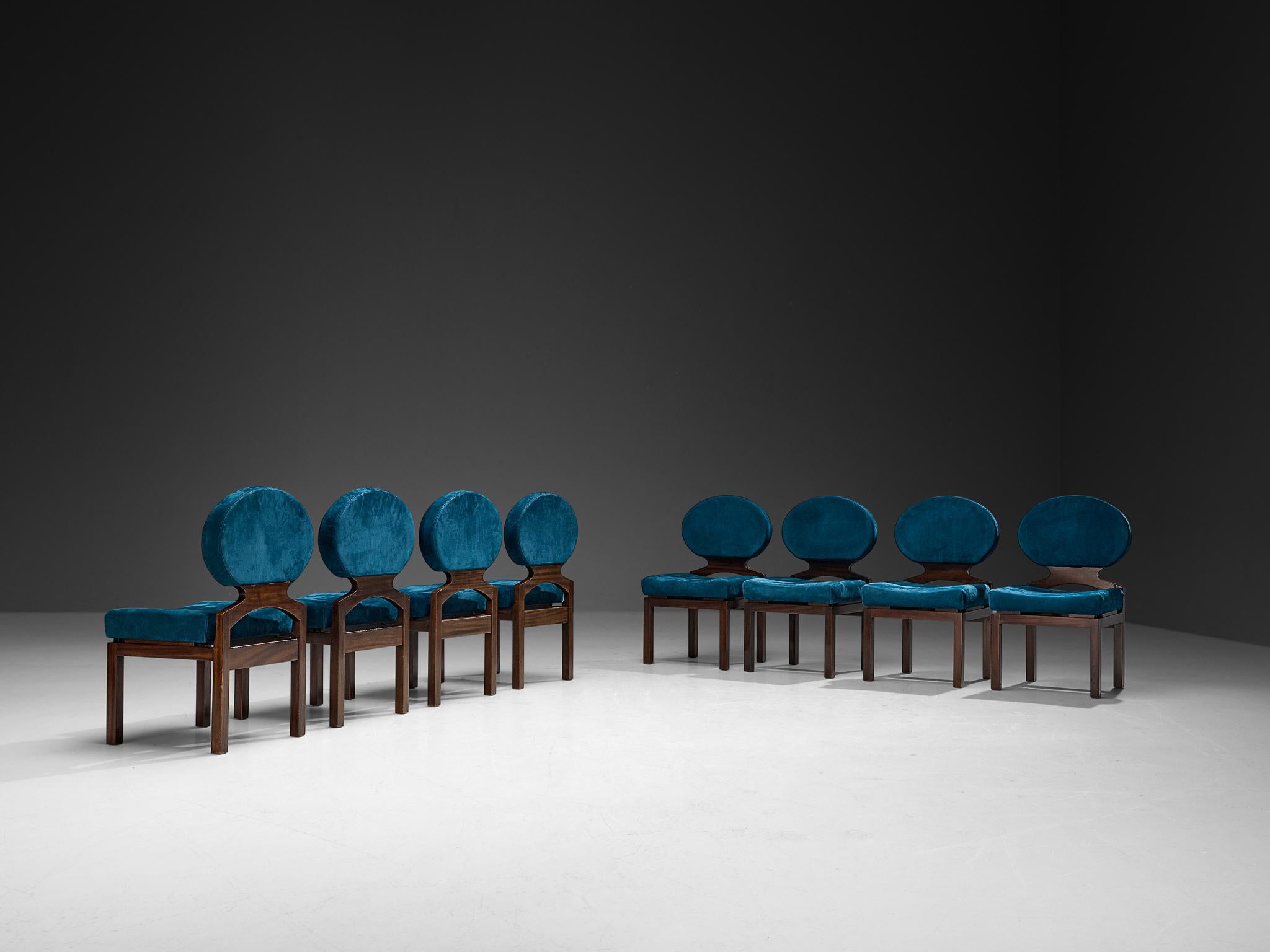 Late 20th Century Emiel Veranneman Set of Eight 'Osaka' Dining Chairs in Blue Nubuck Leather