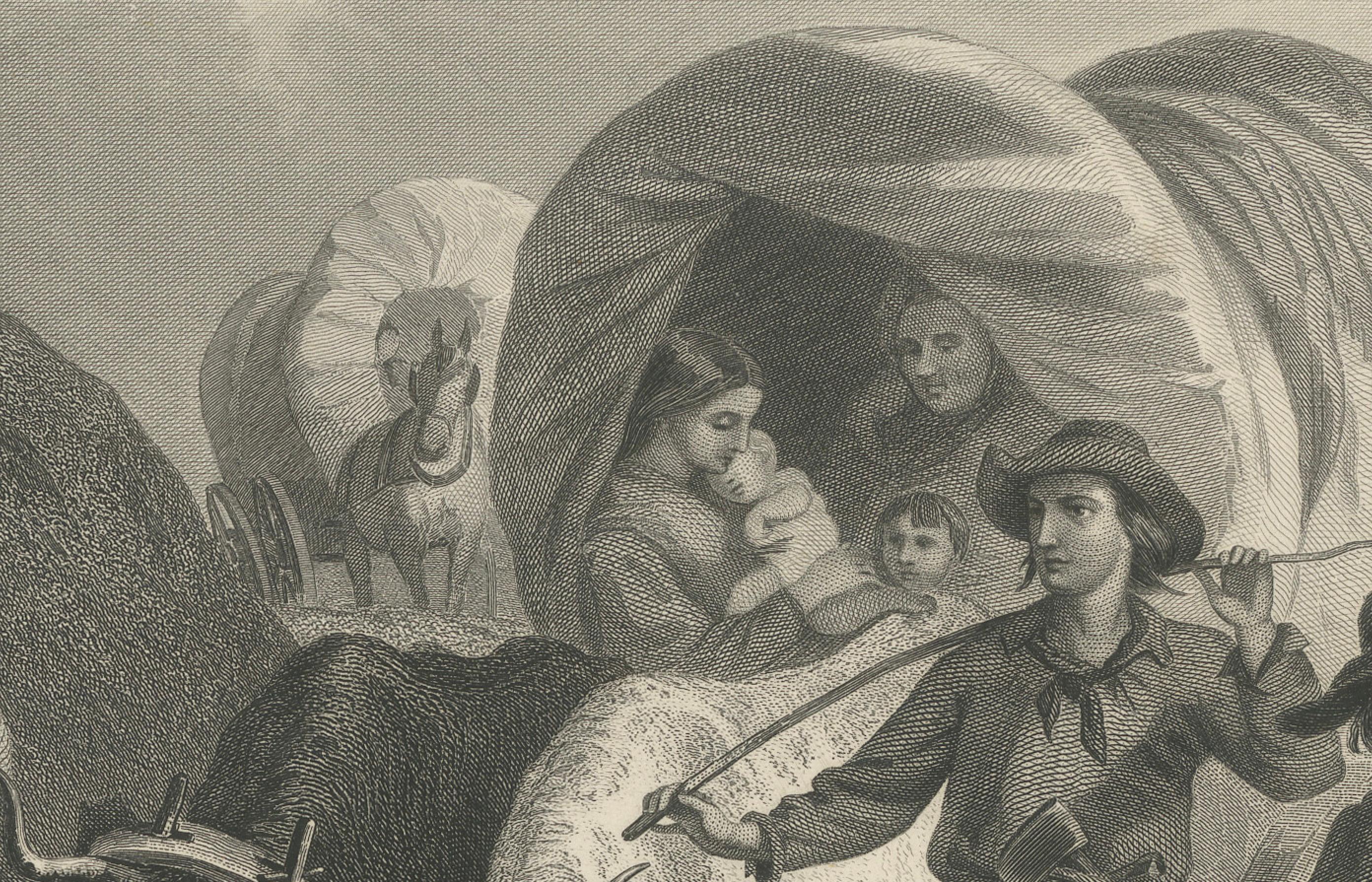 Emigrants Crossing the Plains, American West Wagon Migration – 1869 Engraving
