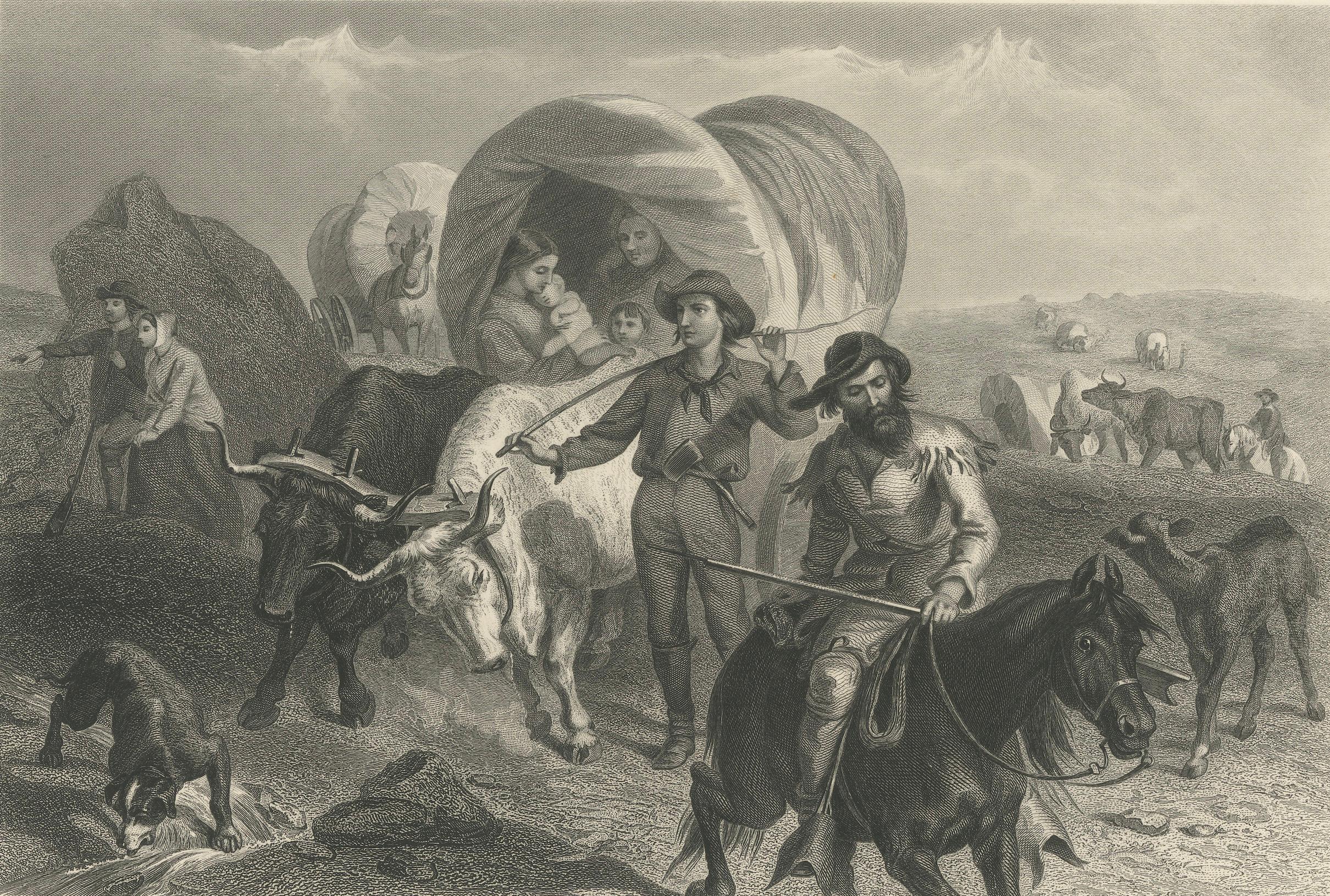 Emigrants Crossing the Plains, American West Wagon Migration – 1869 Engraving