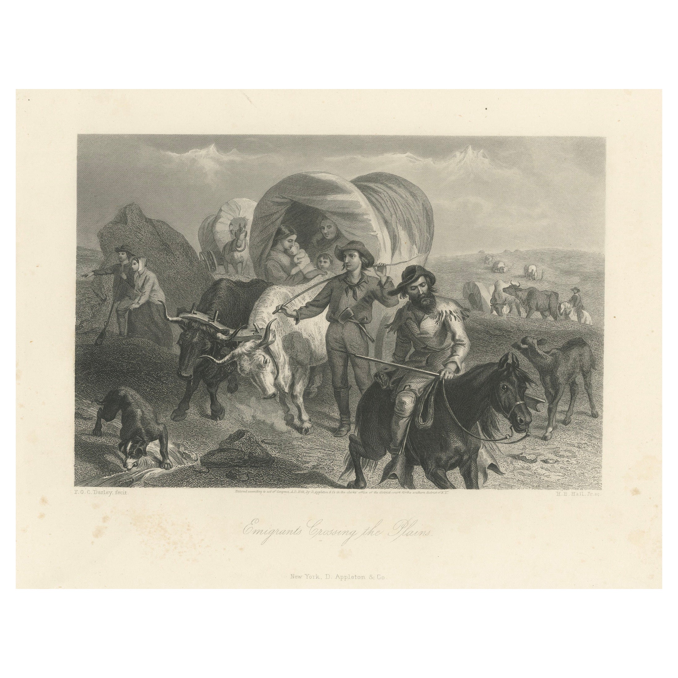 Emigrants traversant les plaines, migration des chariots de l
Ouest américain - Gravure de 1869 en vente