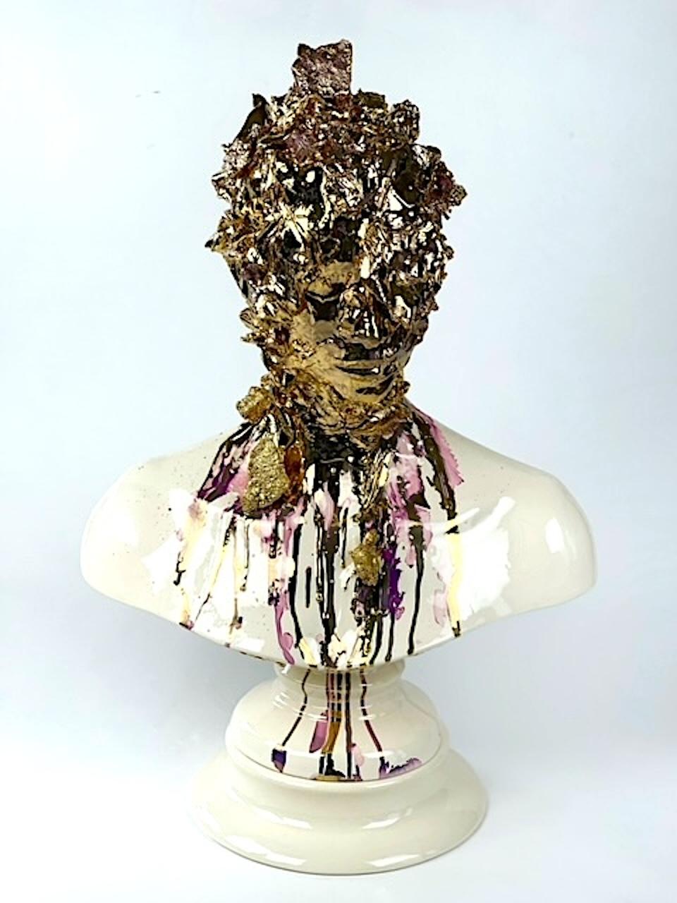 Gold abstract figurative bust sculpture ceramic contemporary purple 24k gold 