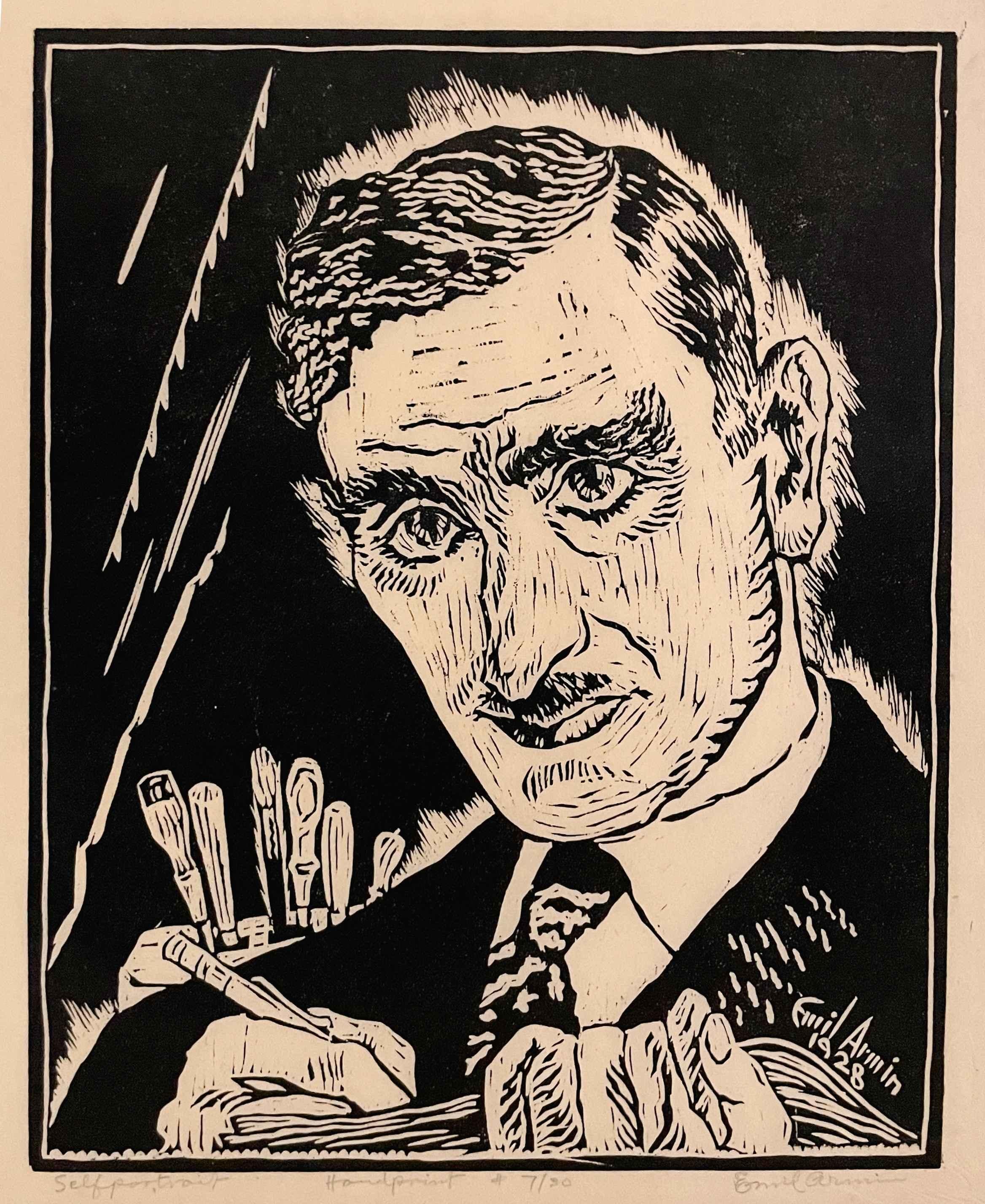 A woodcut on paper of a self-portrait of artist Emil Armin.

Emil Armin was born in Radautz, Austria in 1883.   By the age of 10, Armin was orphaned and was raised by his older siblings.  He supported himself by working in restaurants and drew in