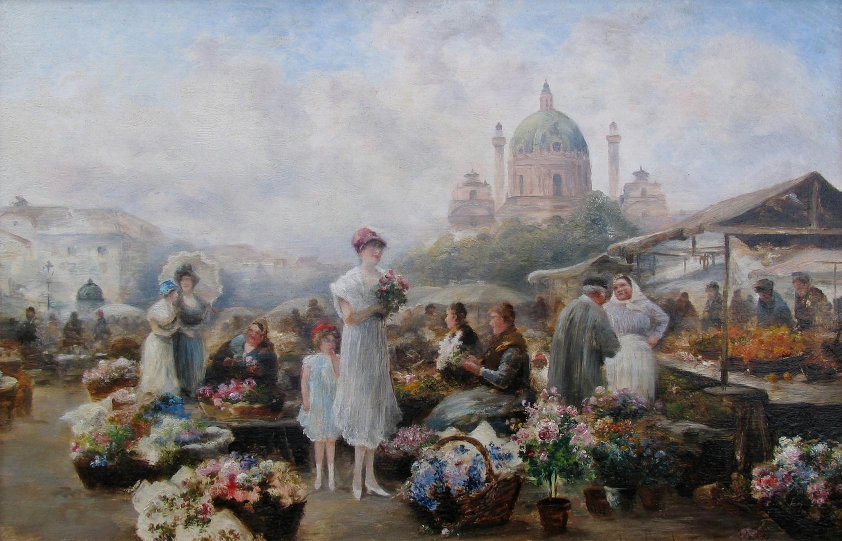 Vienna Flower Market oil painting by Emil Barbarini For Sale 1