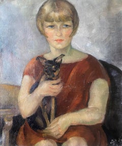 Young woman with Miniature Pischer dog: Art deco portrait 1920s painting