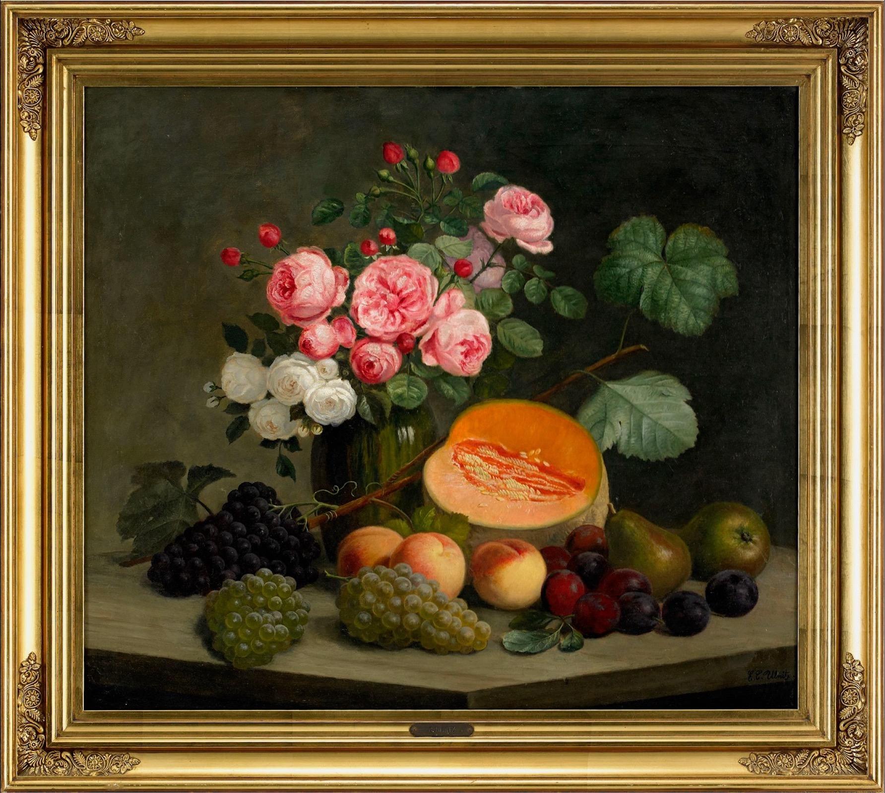 Ein Stillleben mit Früchten und Rosen, gemalt von dem dänischen Maler Emil C. Ulnitz (1856-1933) Ein schönes Beispiel für die dänische Stilllebenmalerei des 19. Das Gemälde ist in gutem Zustand und hat seinen Originalrahmen. Die Maße des Gemäldes