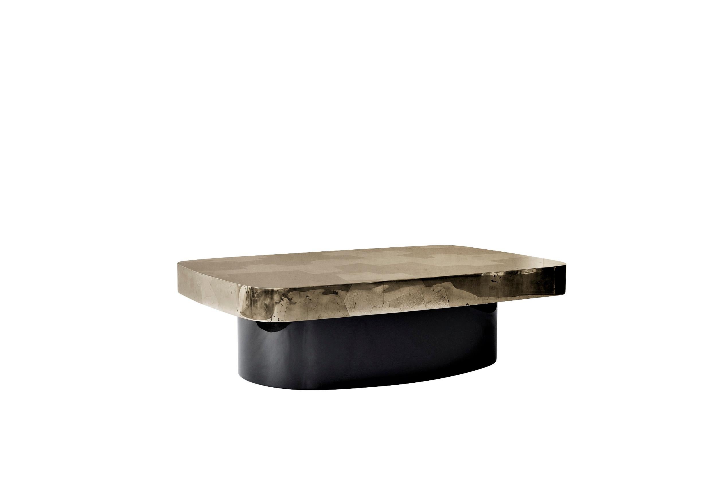 Emil coffee table by DeMuro Das 
Dimensions: W 80 x D 120 x H 36 cm
Materials: Pyrite (Golden) - Polished (Random), Pyrite (Silver) - Polished (Random) 
 Lacquer (Traffic Black 9017) - Glossy 
 
Dimensions and finishes can be