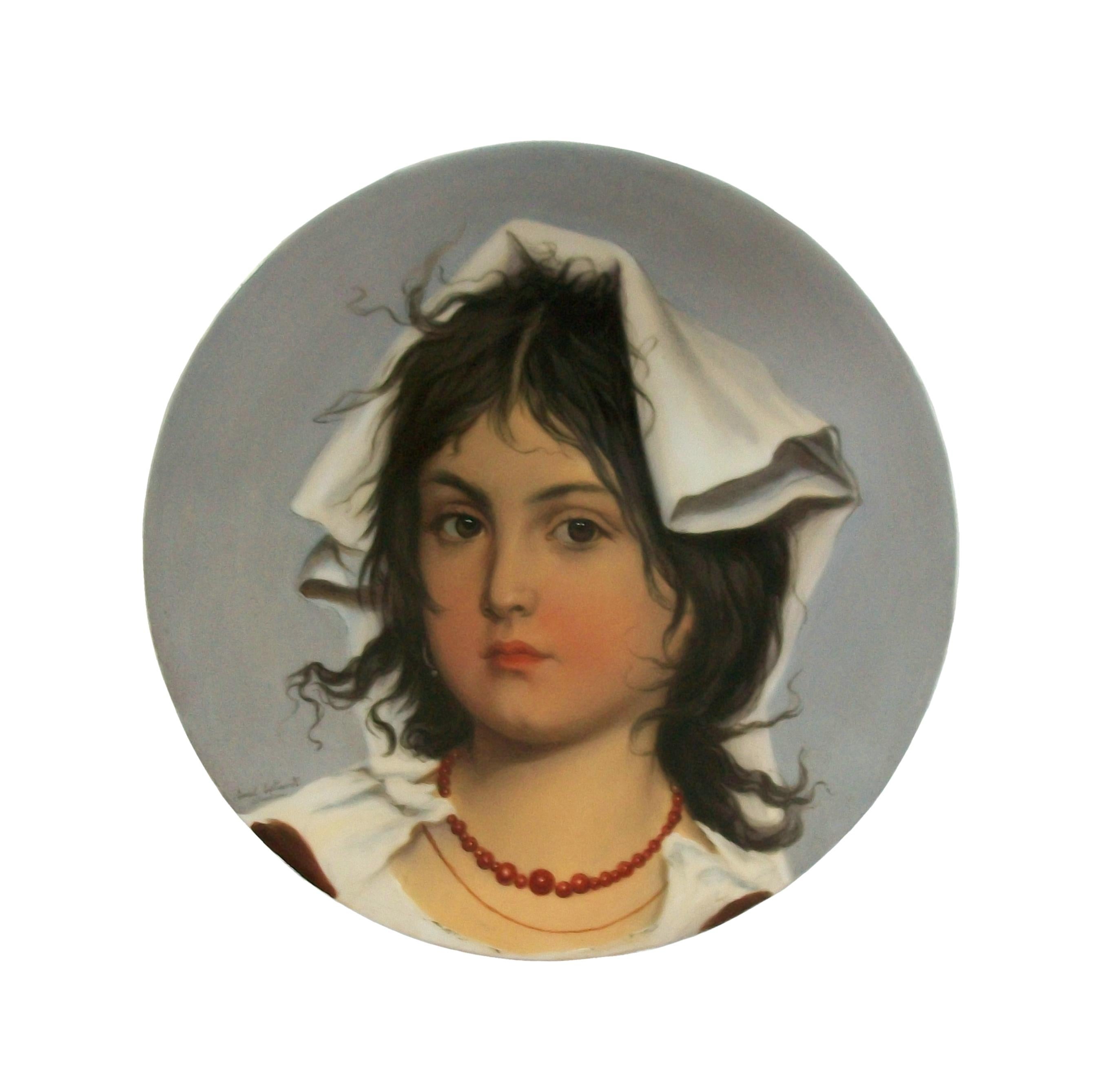 
CHRISTIAN FREDERIK EMIL ECKARDT (Danish, 1832-1914) - 'Gabriela' - PIRKENHAMMER PORCELAIN FACTORY (Fischer & Meig) - Extraordinary and rare antique porcelain cabinet plate by one of Denmark's most gifted late 19th century artists - featuring a fine