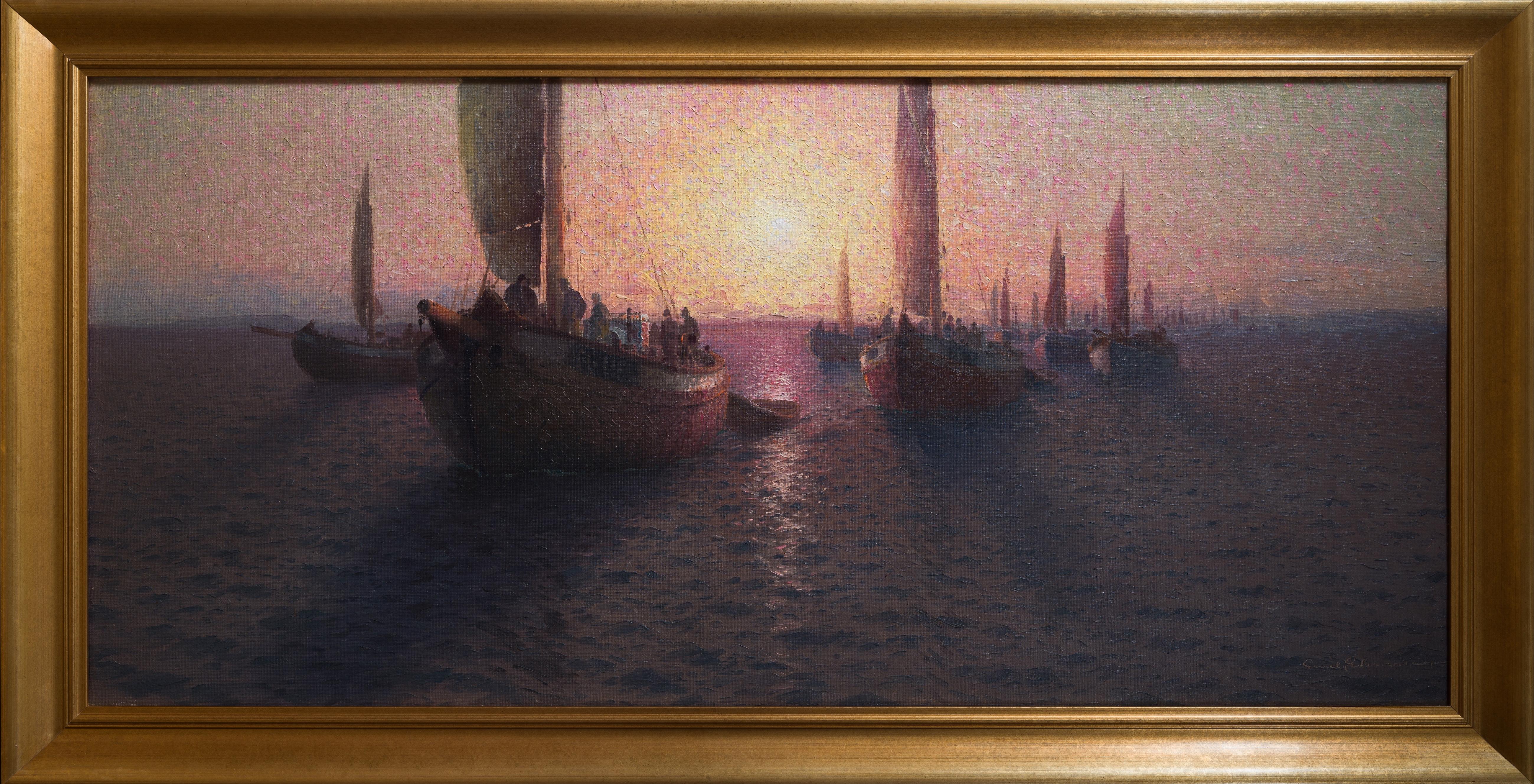 Emil Ekman Landscape Painting - Fishing Fleet at Sunset (Fiskebåtar i solnedgången), c. 1920