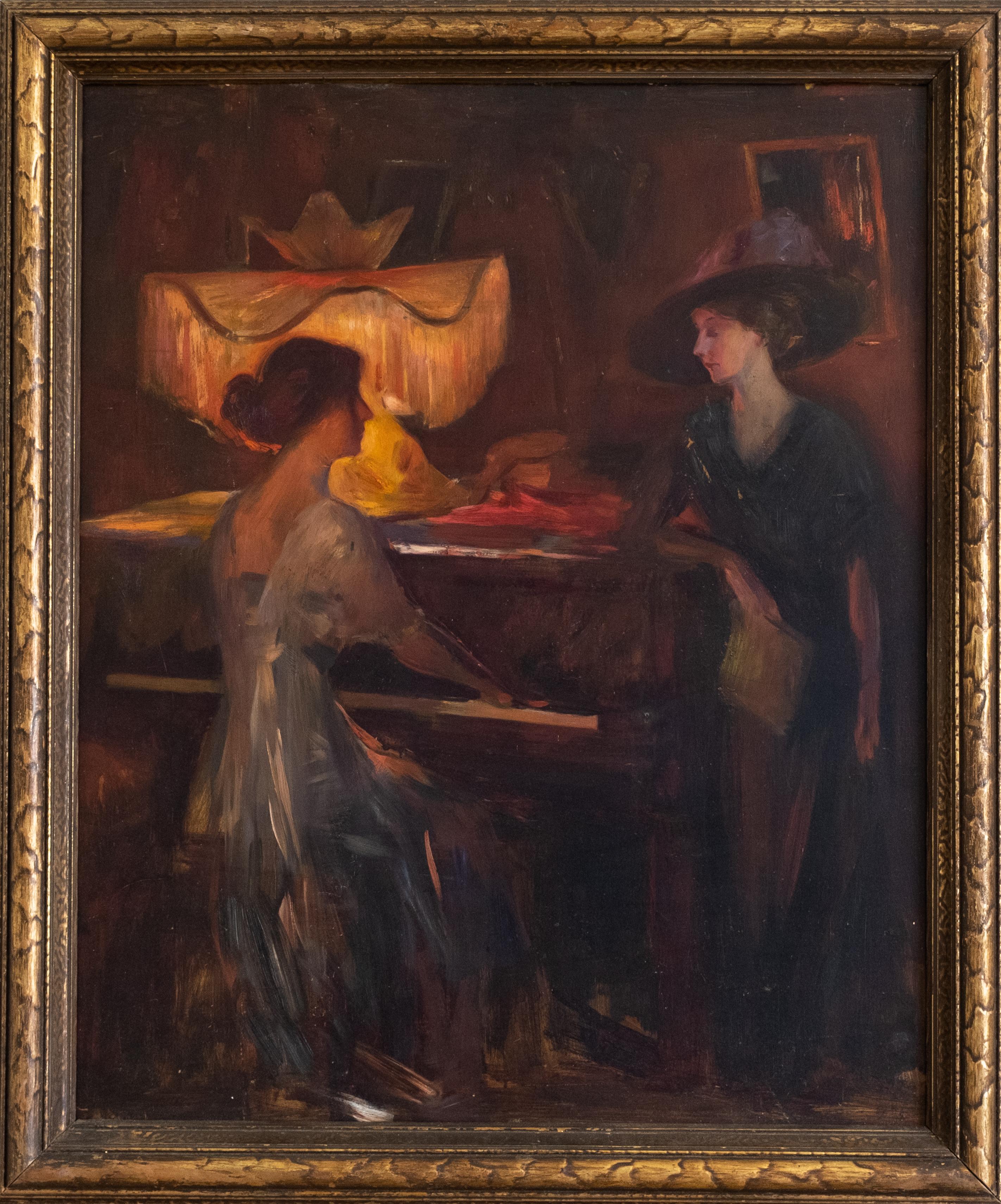 Emil Fuchs  (Austrian/American,1866- 1929). 'Interior with Two Figures'. American impressionist, oil painting on wood panel, having brooklyn museum provenance. Depicting two women in a music parlor. No apparent signature. Having two brooklyn museum