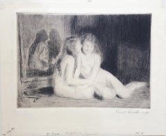 Confidences /// Antique Modern Etching Figurative Nude Girls Impressionist Print