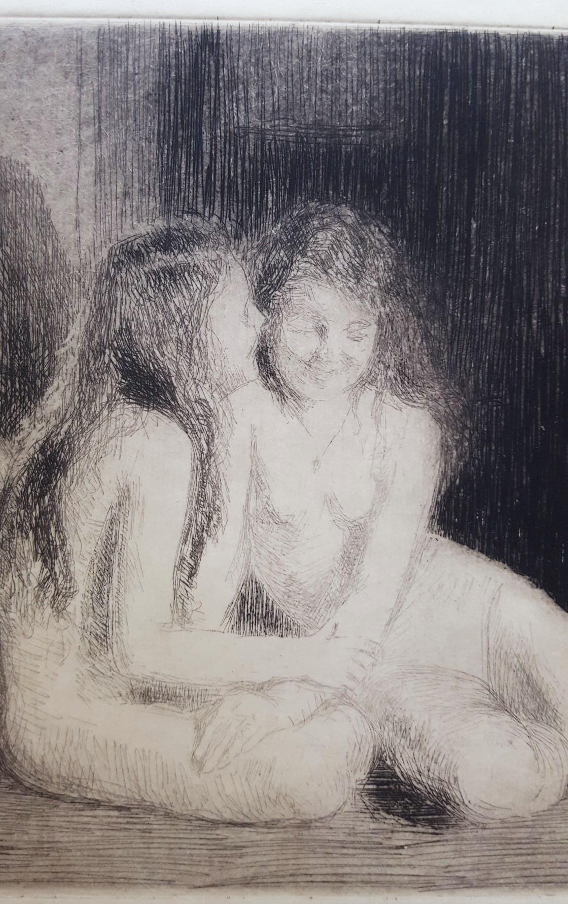 Confidences /// Gravure moderne ancienne figurative de jeunes filles nues Impressionniste en vente 3