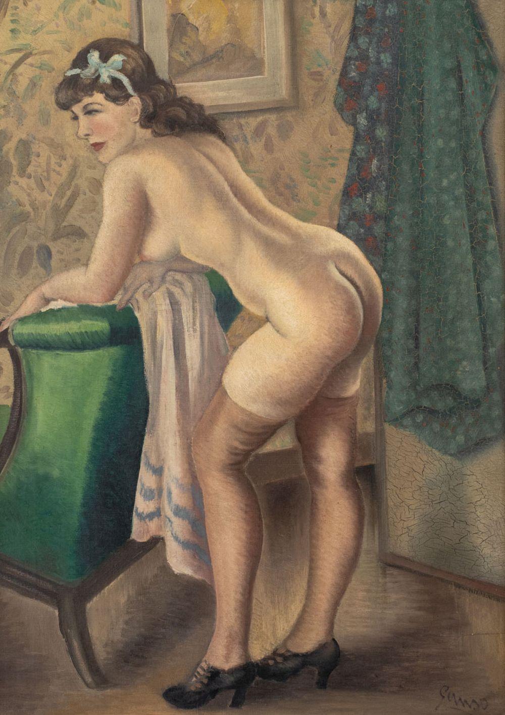 Stehende nackte Frau in einer Innenraumszene – Painting von Emil Ganso