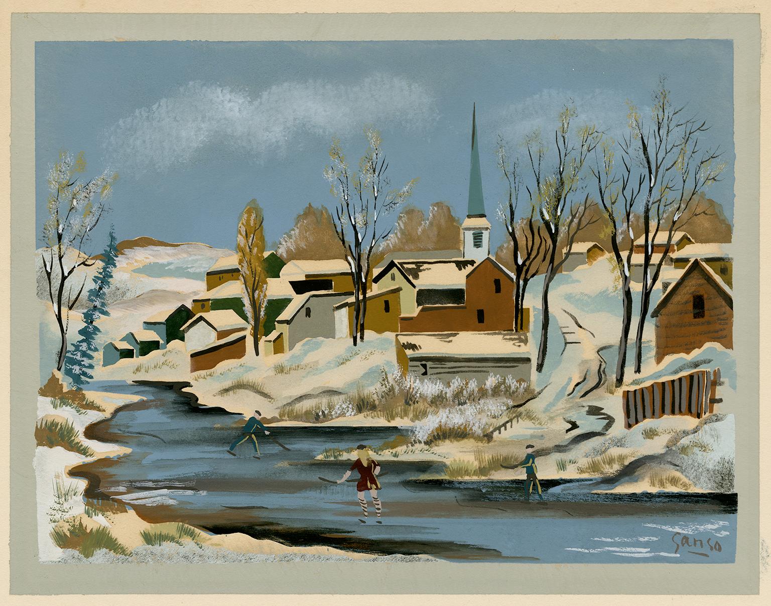 Landscape Print Emil Ganso - Patineurs" - années 1930, Woodstock, New York
