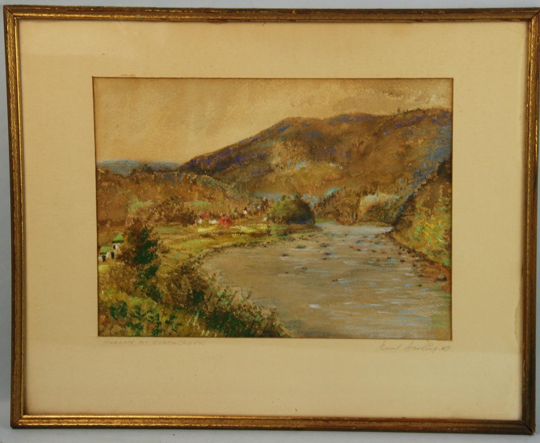 Antique paysage de Hudson North Creek 1947 - Painting de Emil Goerling
