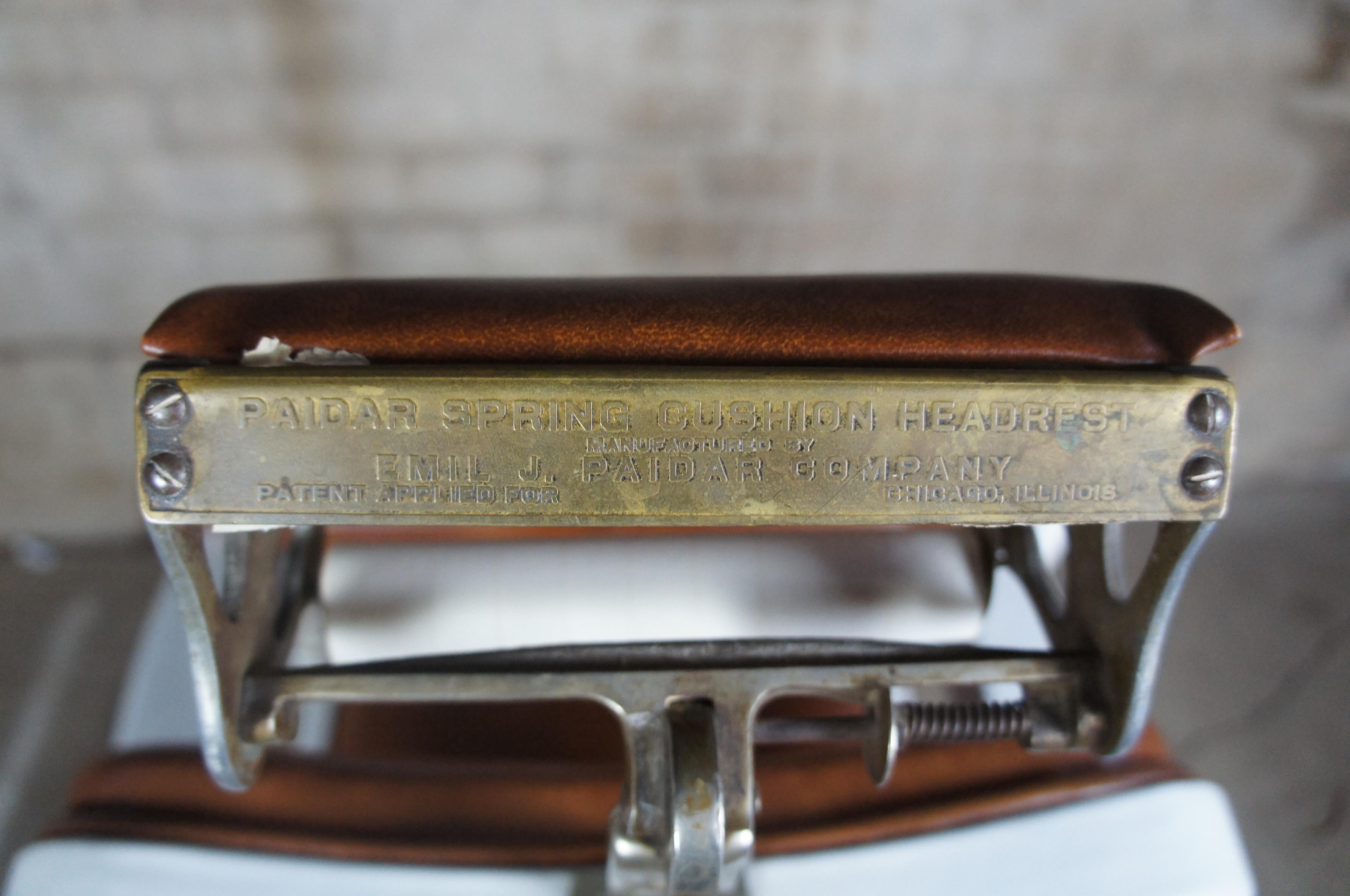 20th Century Emil J Paider Antique Cast Iron Hydraulic Leather Barbers Chair Fully Functional