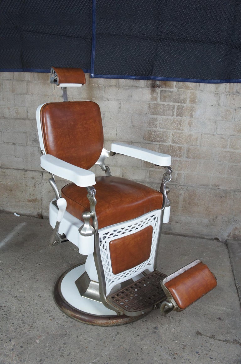Emil J Paider Antique Cast Iron Hydraulic Leather Barbers Chair Fully