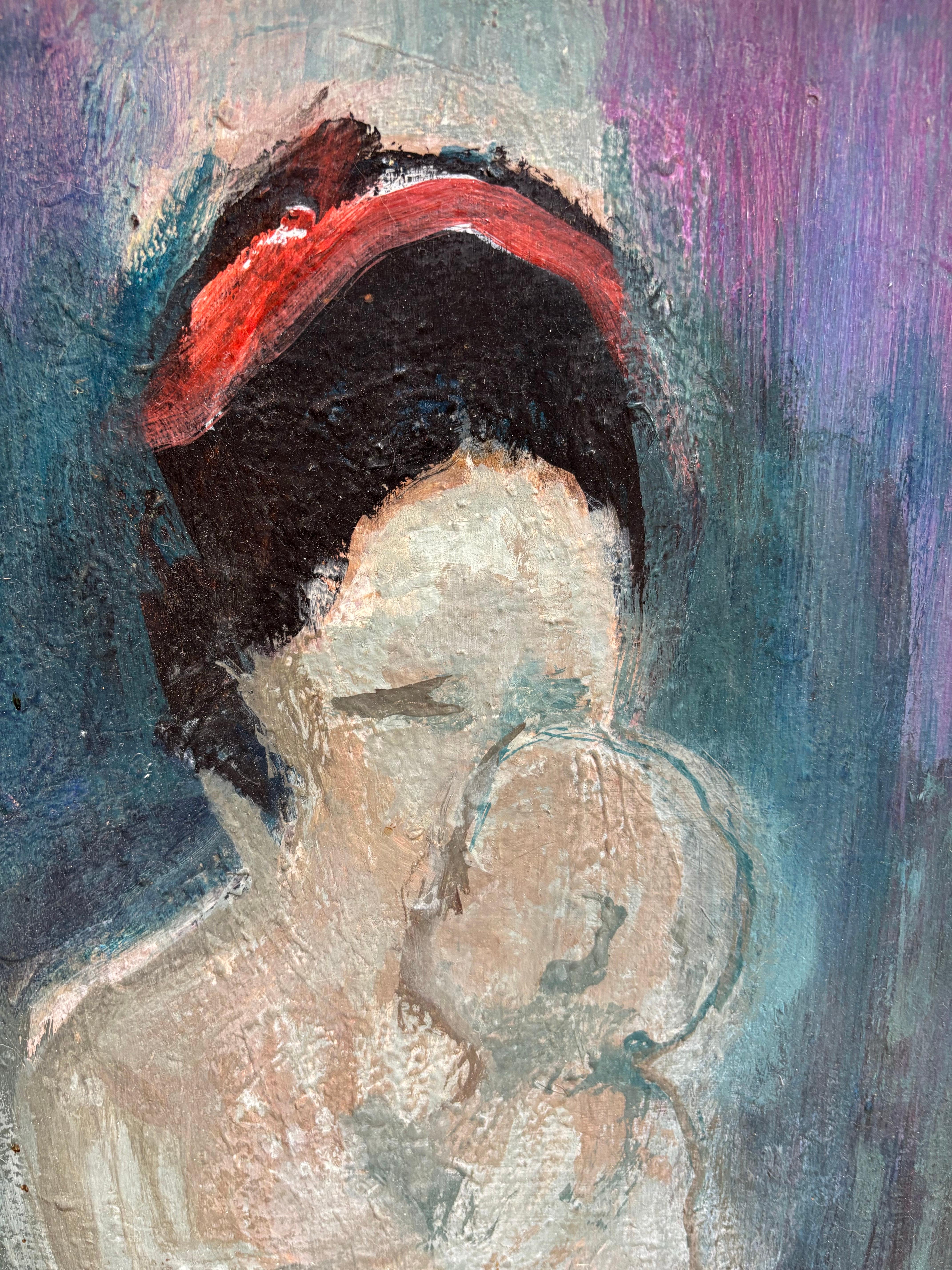 Oil on Board Painting of Mother and Child.  Signed bottom right Emil Kashou 1974.  Heavy applied paint gives a beautiful textile to this titled painting, 