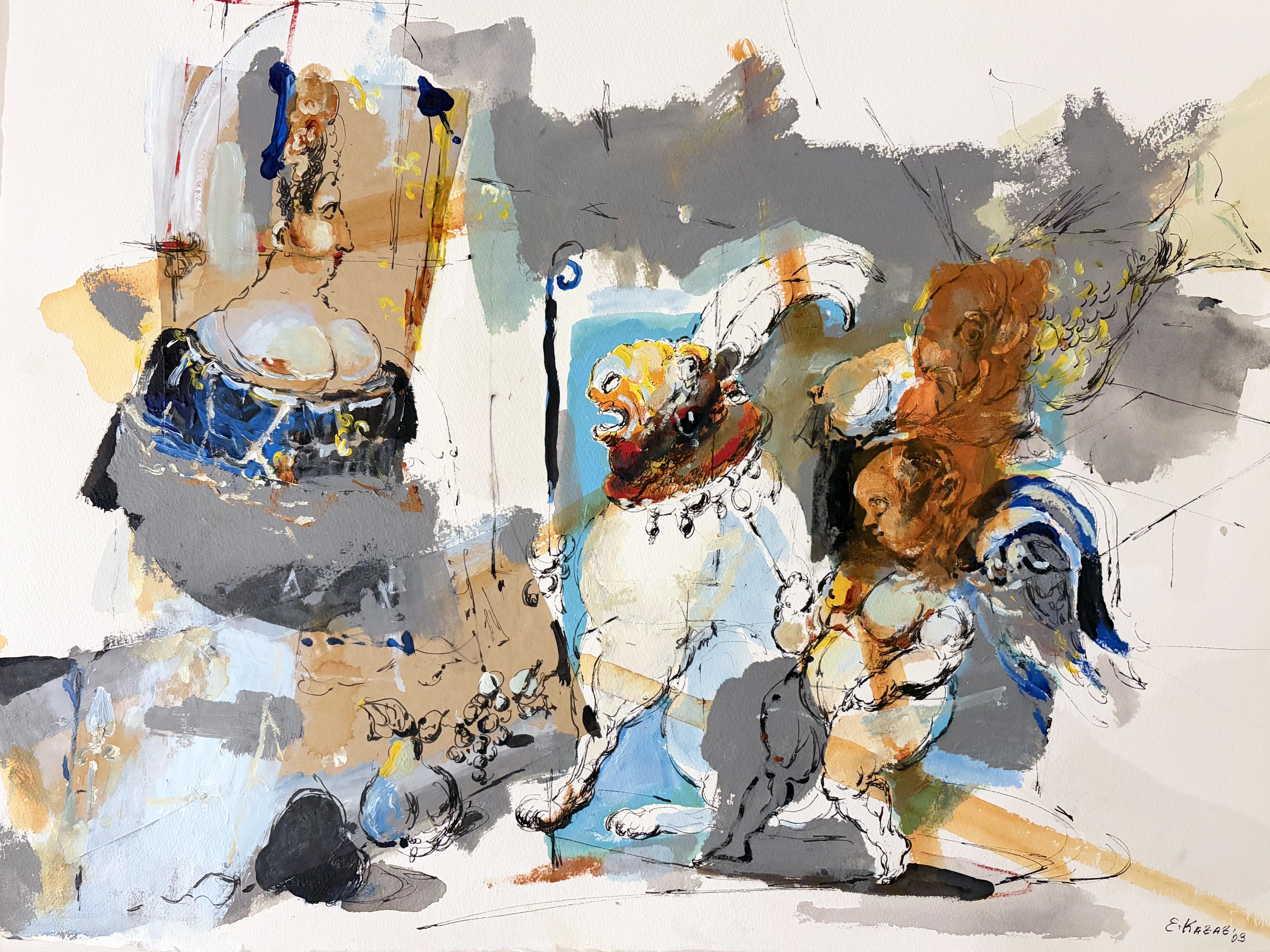 Emil Kazaz, Peinture à l'huile, « Révérence », personnages de style symboliste, encadrée, 2010-