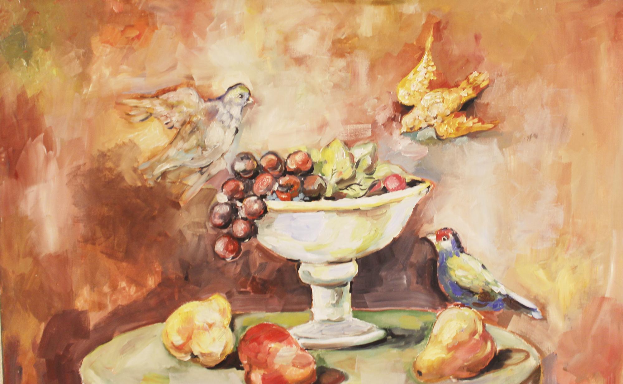 Contemporary oil painting, The birds, Emil Kazaz - Beige Still-Life Painting par Emil Kazaz 