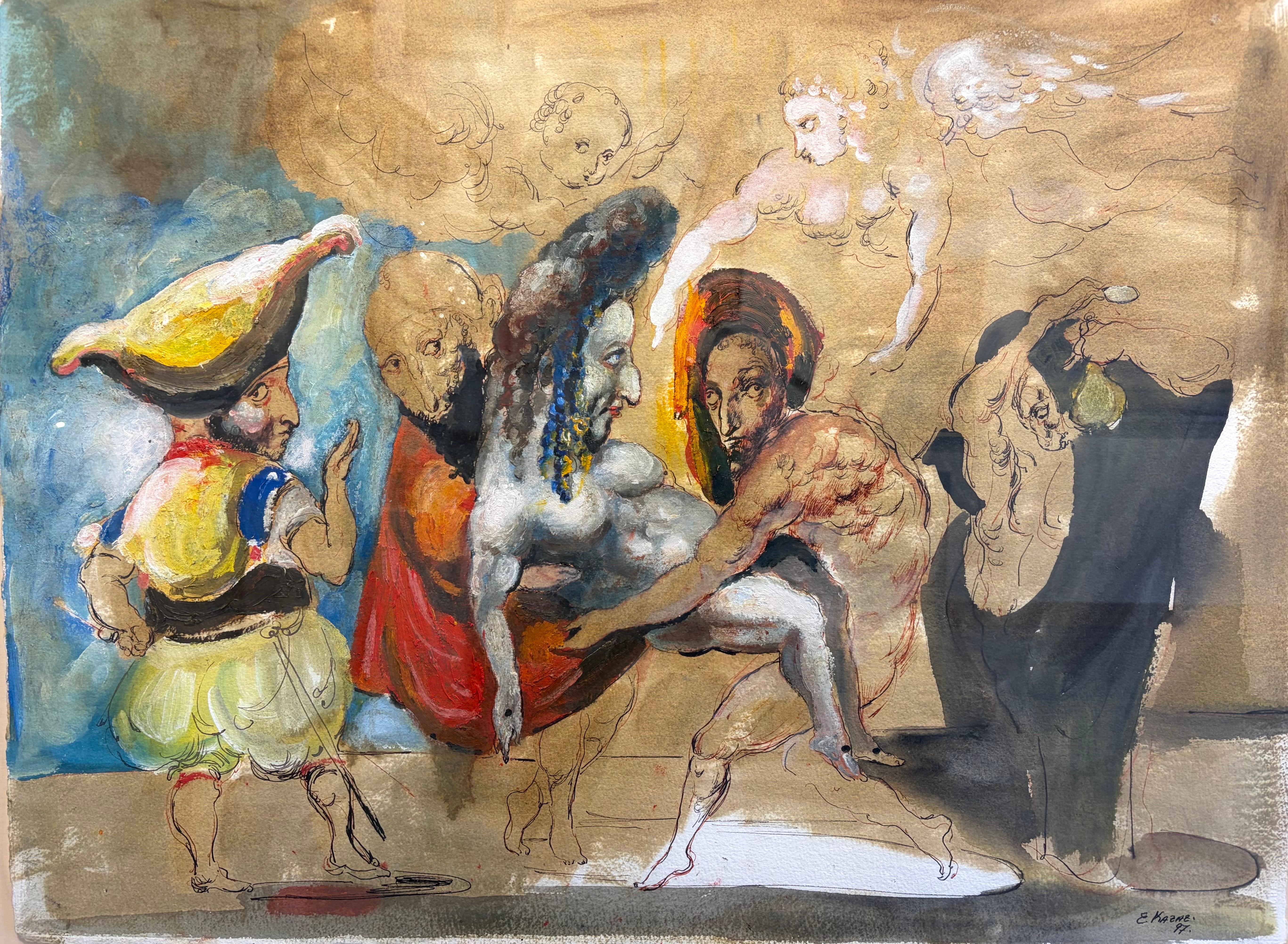 Emil Kazaz, „Zeitgenössische symbolistische Komposition“, Öl auf Papier, 1990er Jahre
