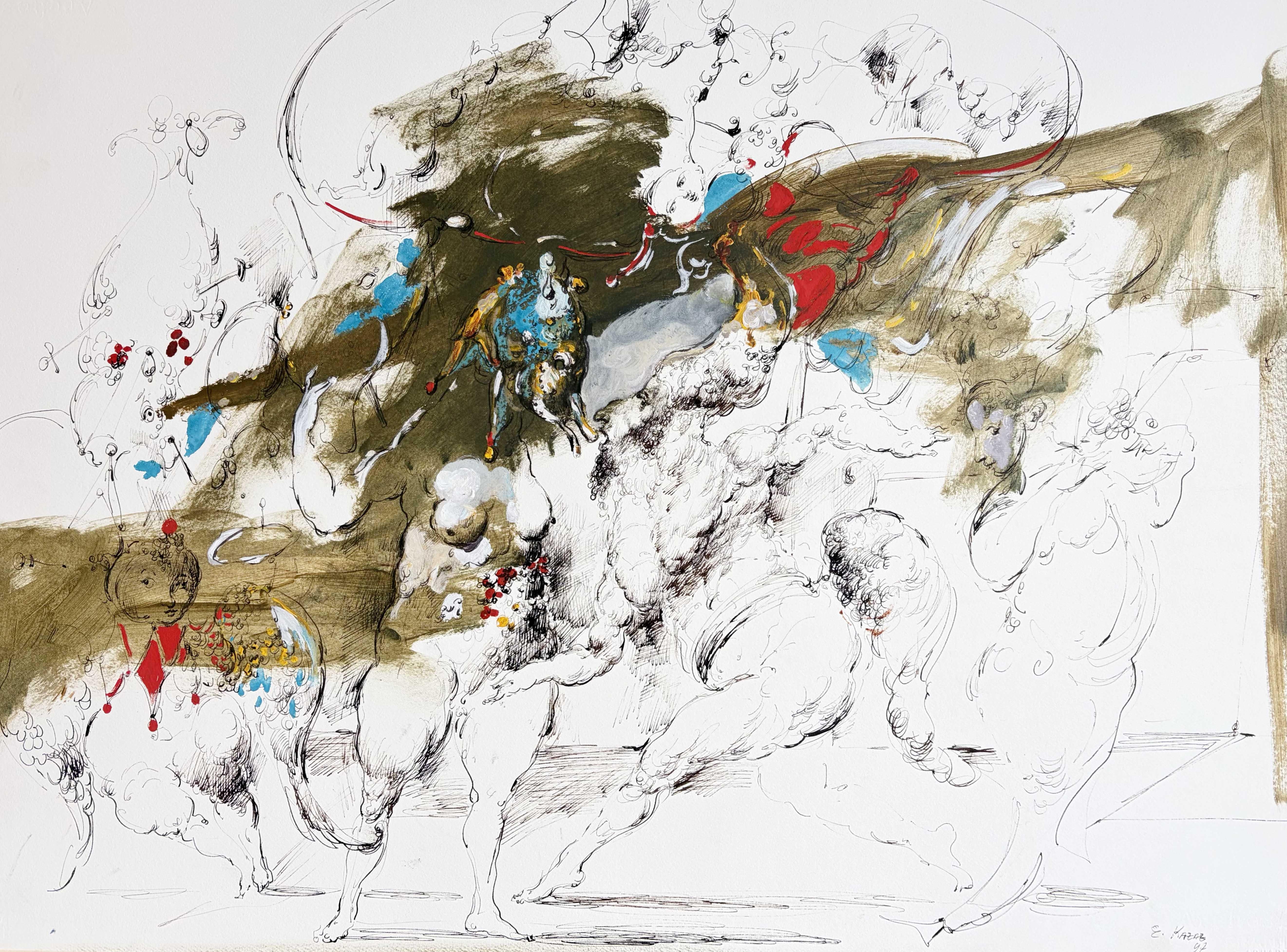 How? Symbolist Painting, Oil and Ink on Paper by Emil Kazaz