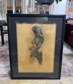 Emil Kosa Jr. Disegno originale a carboncino di un nudo figurativo su carta con cornice firmata