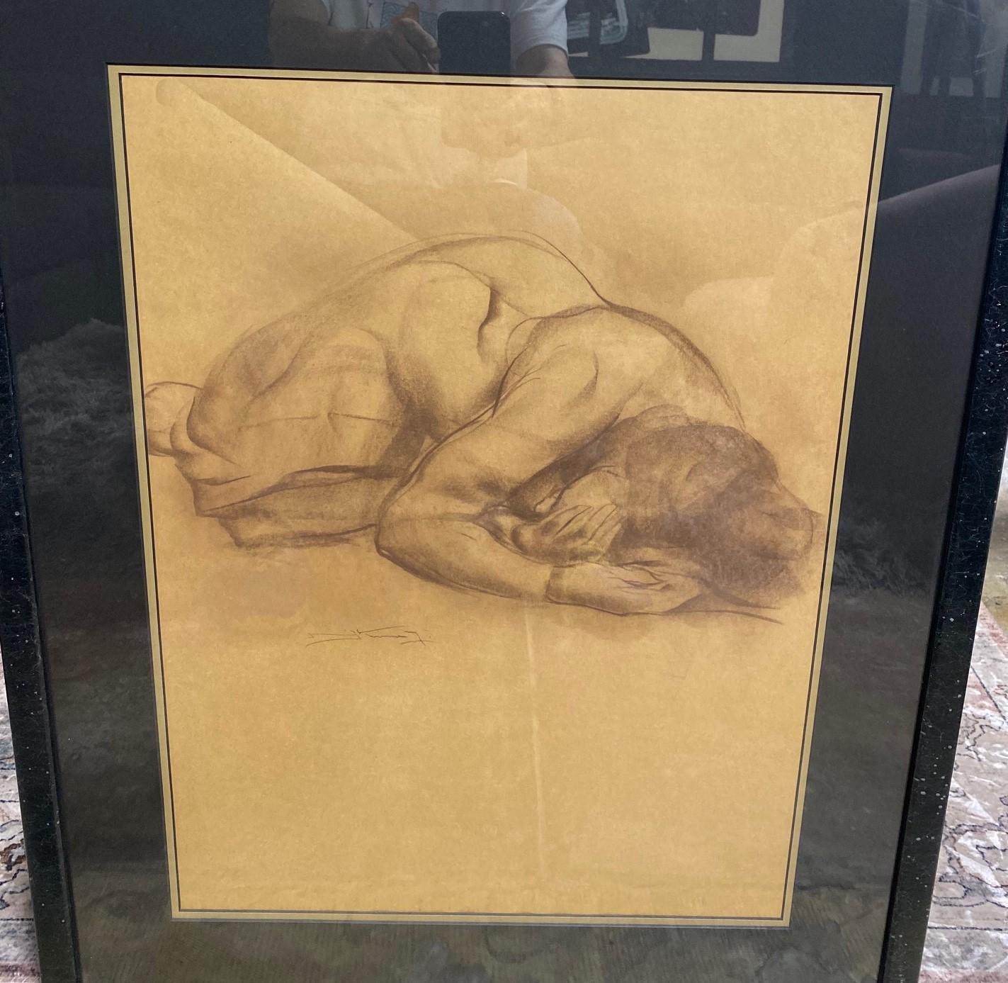 American Emil Kosa Jr. Signed Framed Original Figurative Nude Charcoal Drawing on Paper