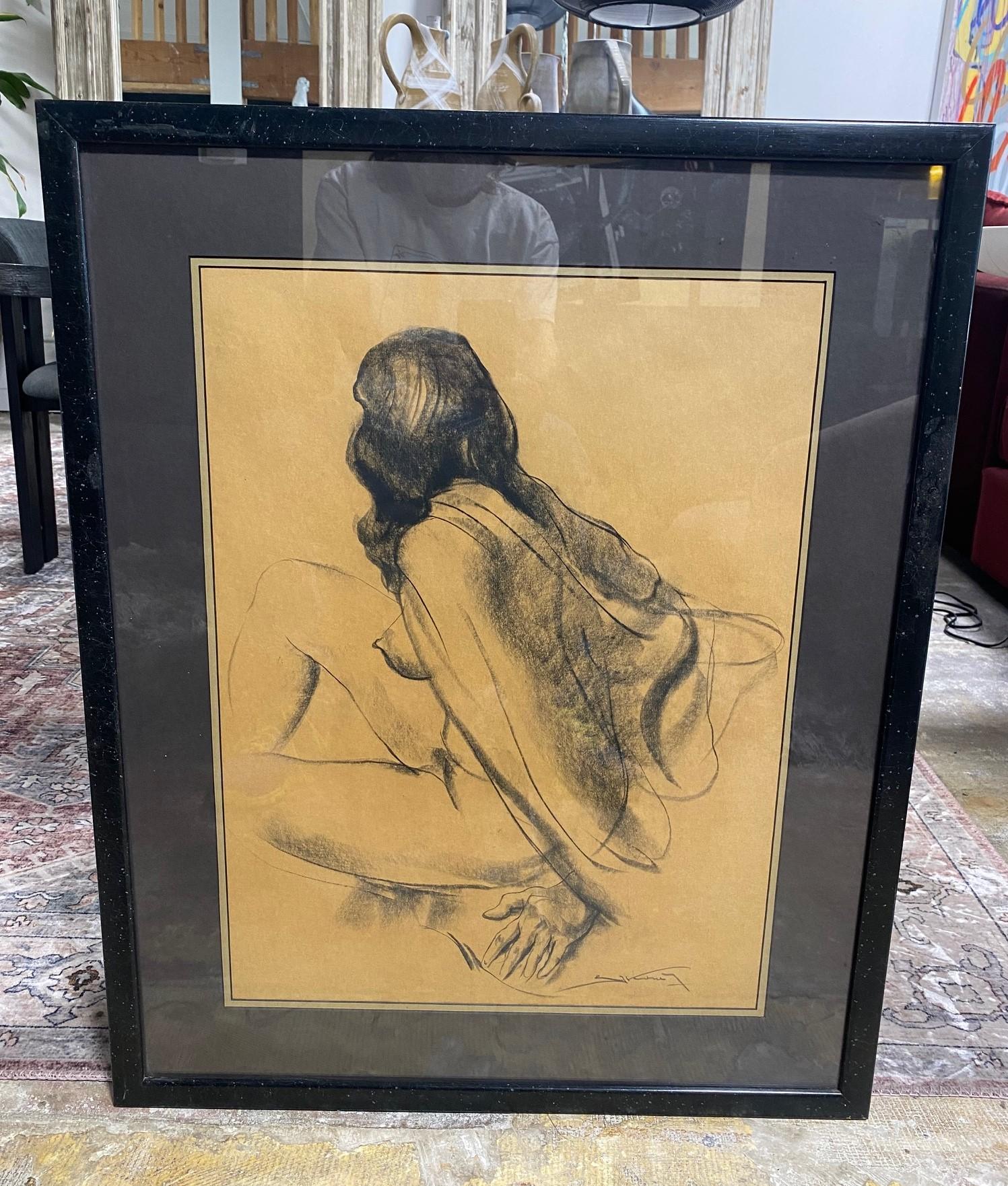 American Emil Kosa Jr. Signed Framed Original Figurative Nude Charcoal Drawing on Paper