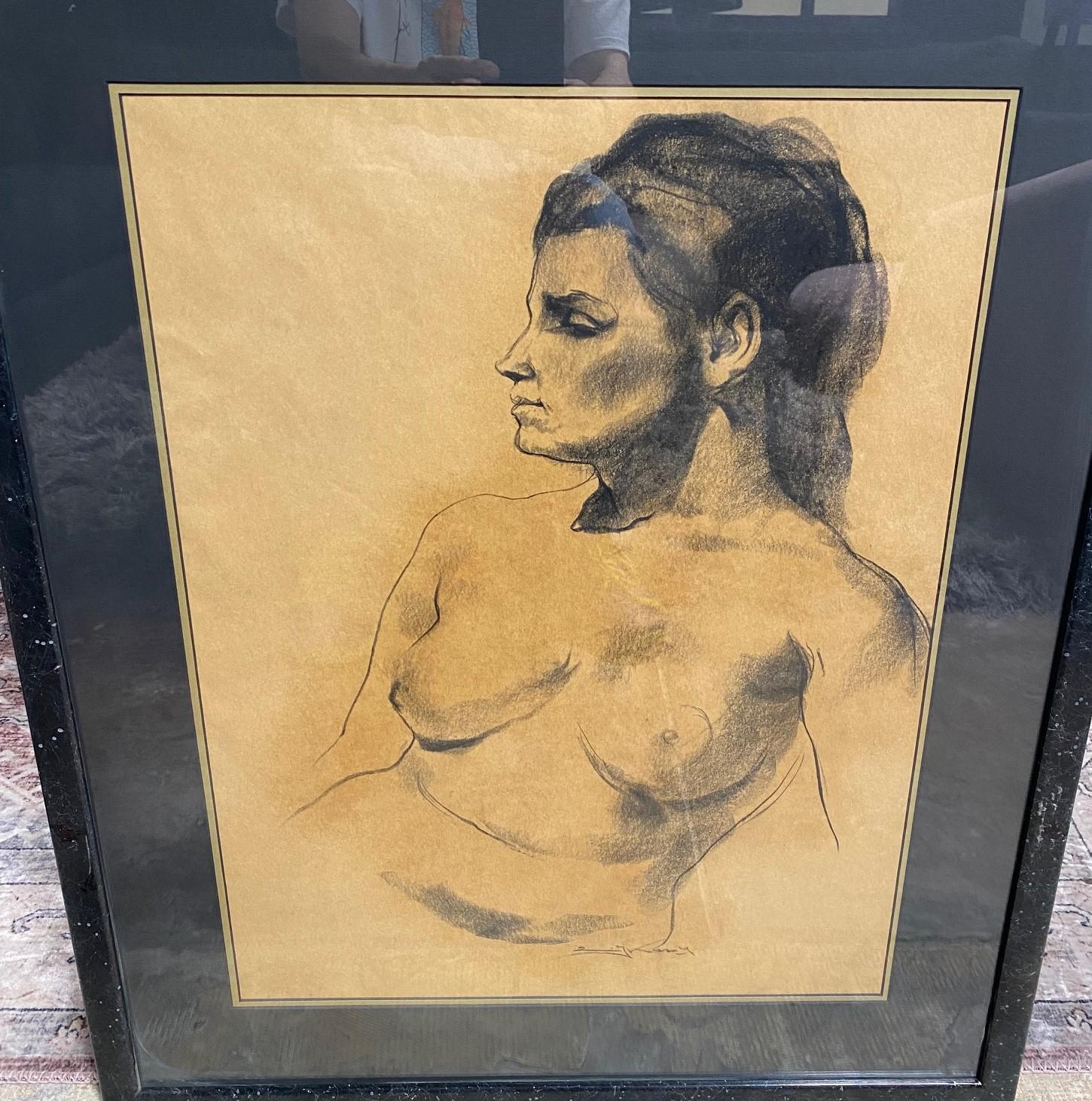 American Emil Kosa Jr. Signed Framed Original Figurative Nude Charcoal Drawing on Paper