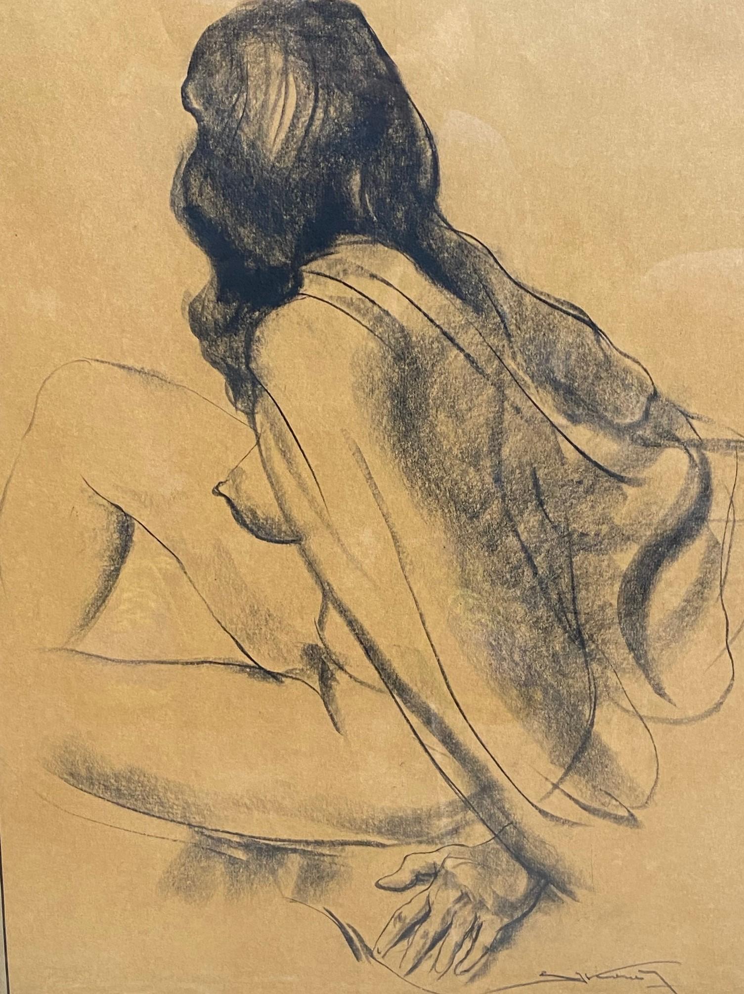 Mid-20th Century Emil Kosa Jr. Signed Framed Original Figurative Nude Charcoal Drawing on Paper