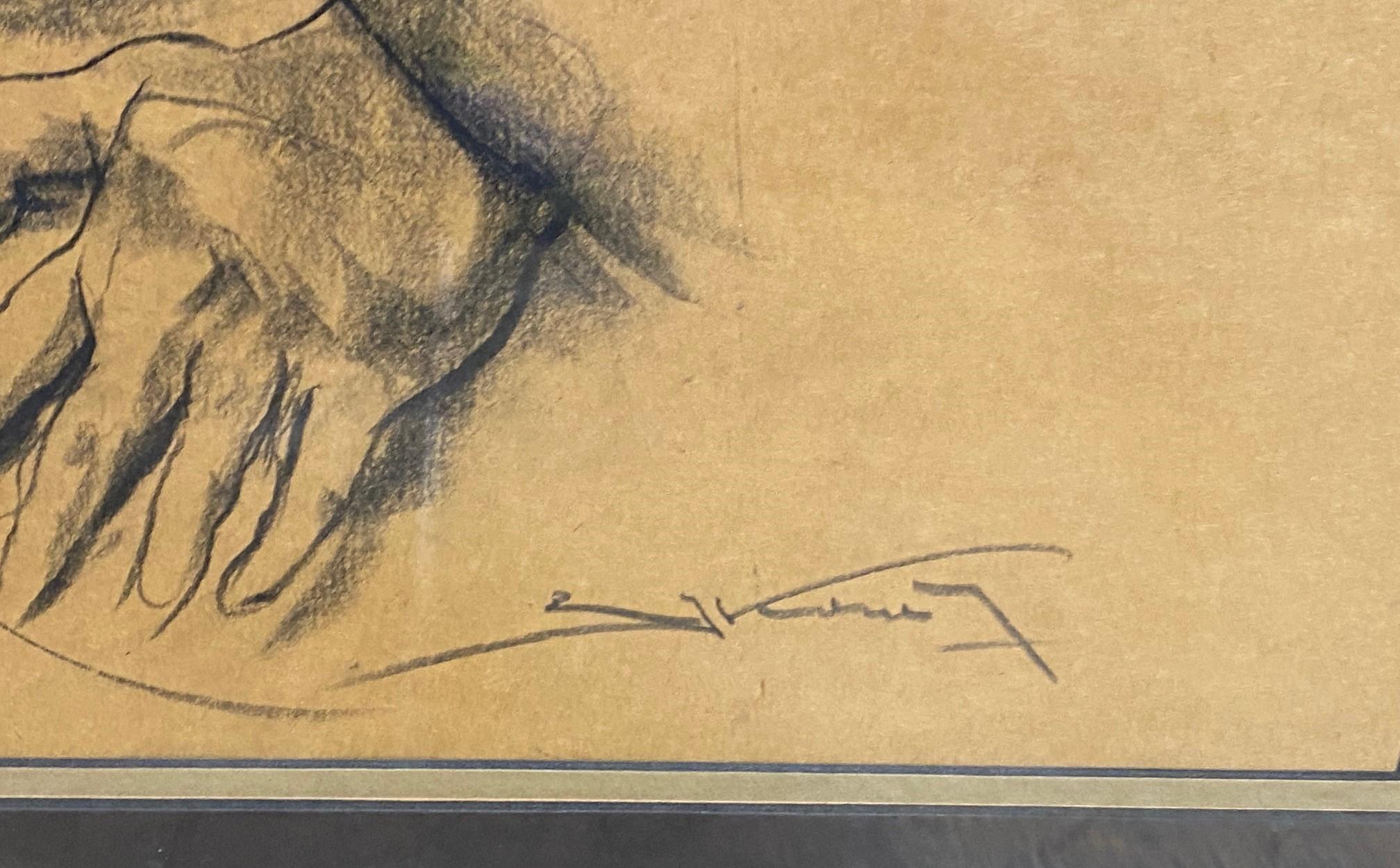 Emil Kosa Jr. Signed Framed Original Figurative Nude Charcoal Drawing on Paper 3