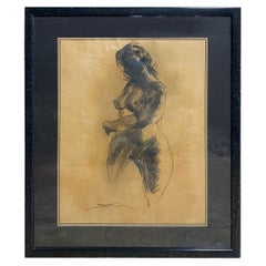 Emil Kosa Jr. Original figurative Kohlezeichnung auf Papier, signiert und gerahmt, nudefarben
