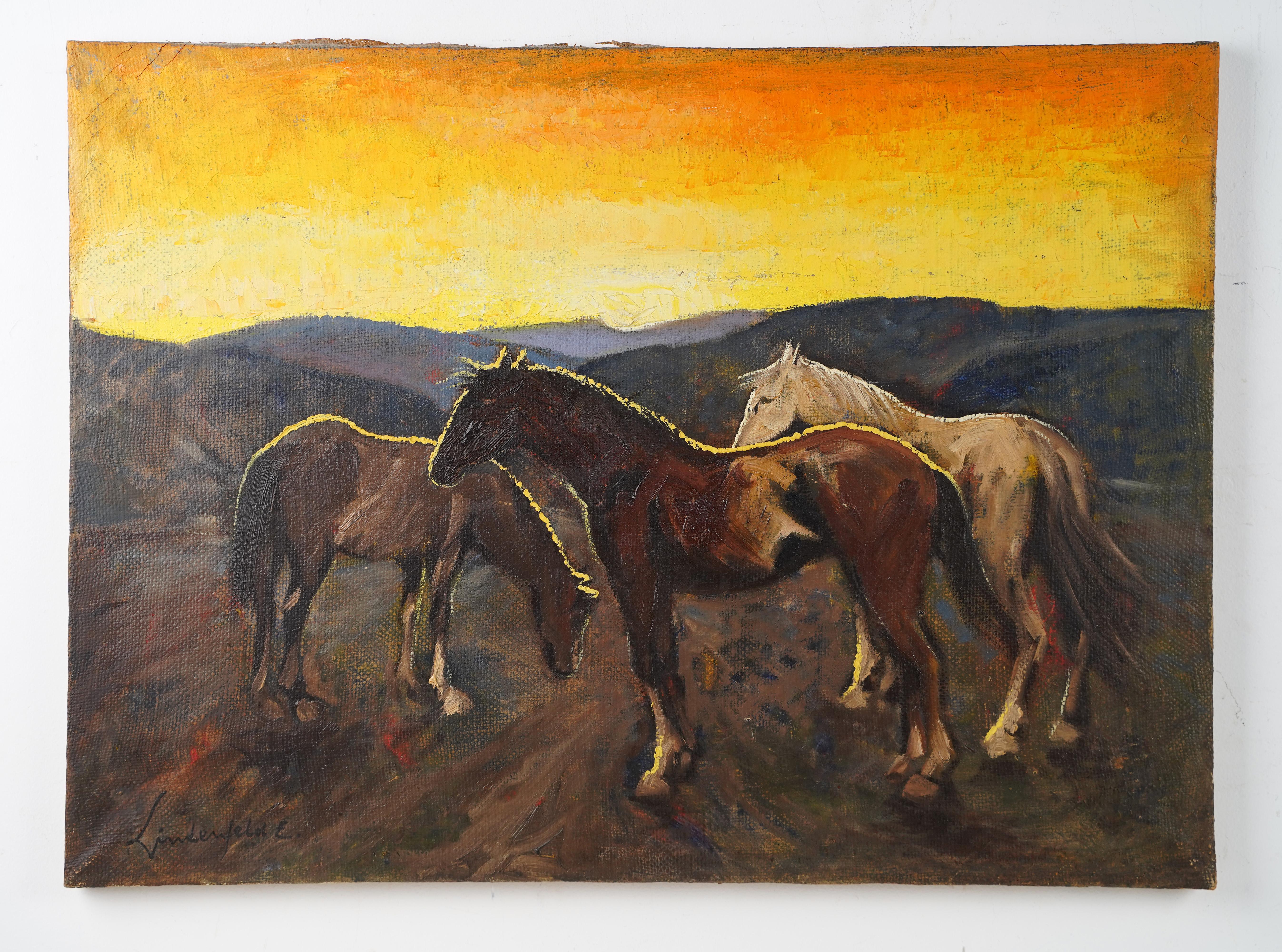 Ancienne peinture expressionniste américaine originale signée représentant un paysage de cheval coucher de soleil - Moderne Painting par Emil Lindenfeld