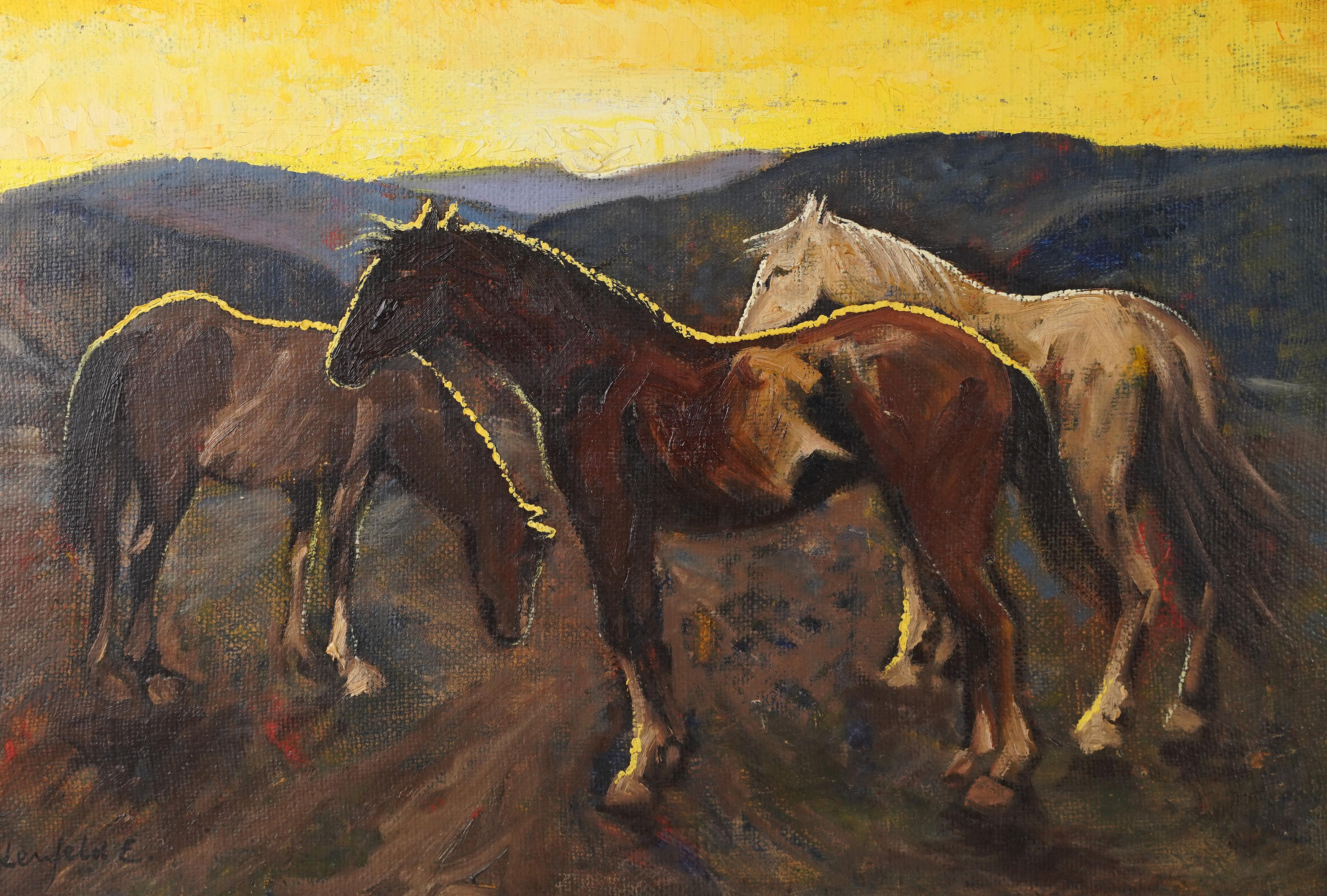 Ancienne peinture expressionniste américaine originale signée représentant un paysage de cheval coucher de soleil - Noir Landscape Painting par Emil Lindenfeld